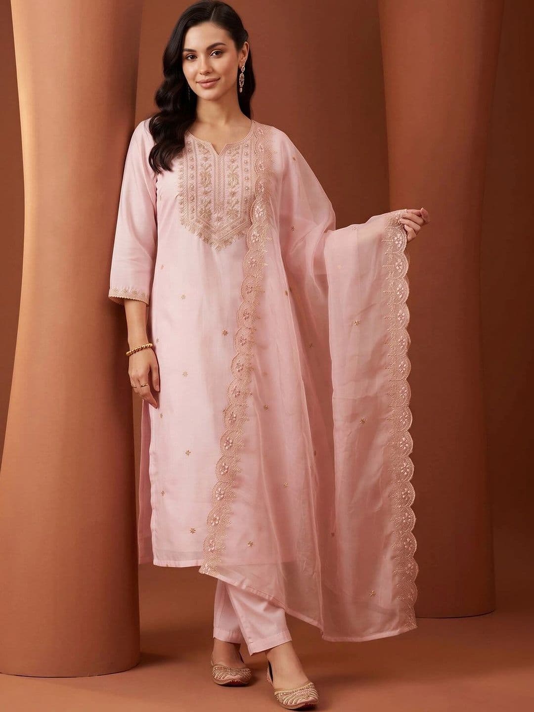 Indo Era Women Ethnic Motifs Embroidered Regular Kurta with Trousers & With Dupatta thumbnail 4