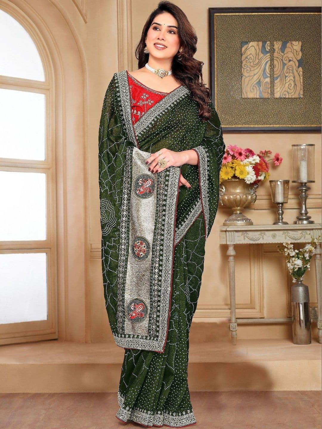 SmileyFashion Bandhani Embroidered Art Silk Designer Saree thumbnail 5