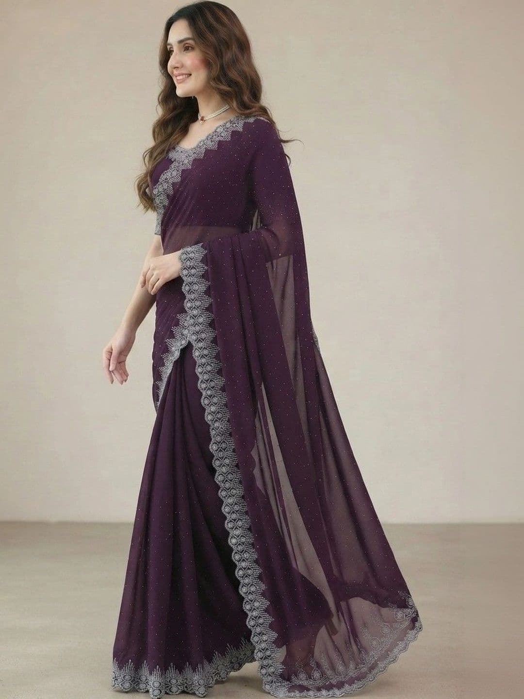 SmileyFashion Embroidered Pure Georgette Saree thumbnail 5