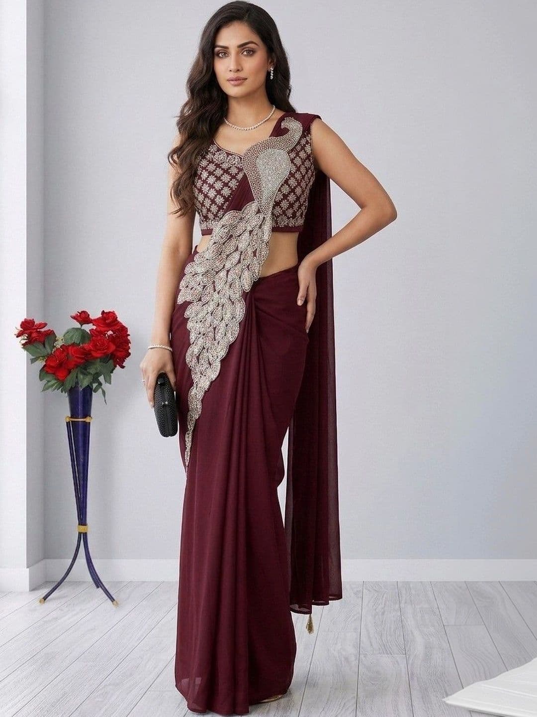 SmileyFashion Embellished Embroidered Pure Georgette Designer Saree thumbnail 4