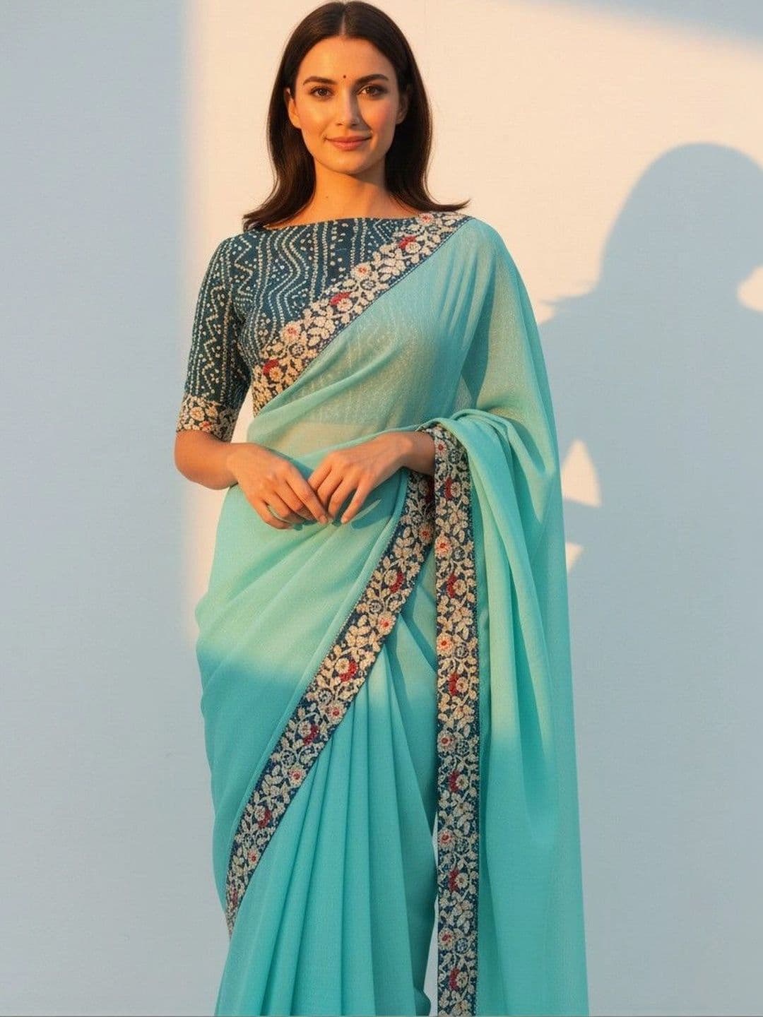 SmileyFashion Floral Poly Chiffon Designer Saree thumbnail 6
