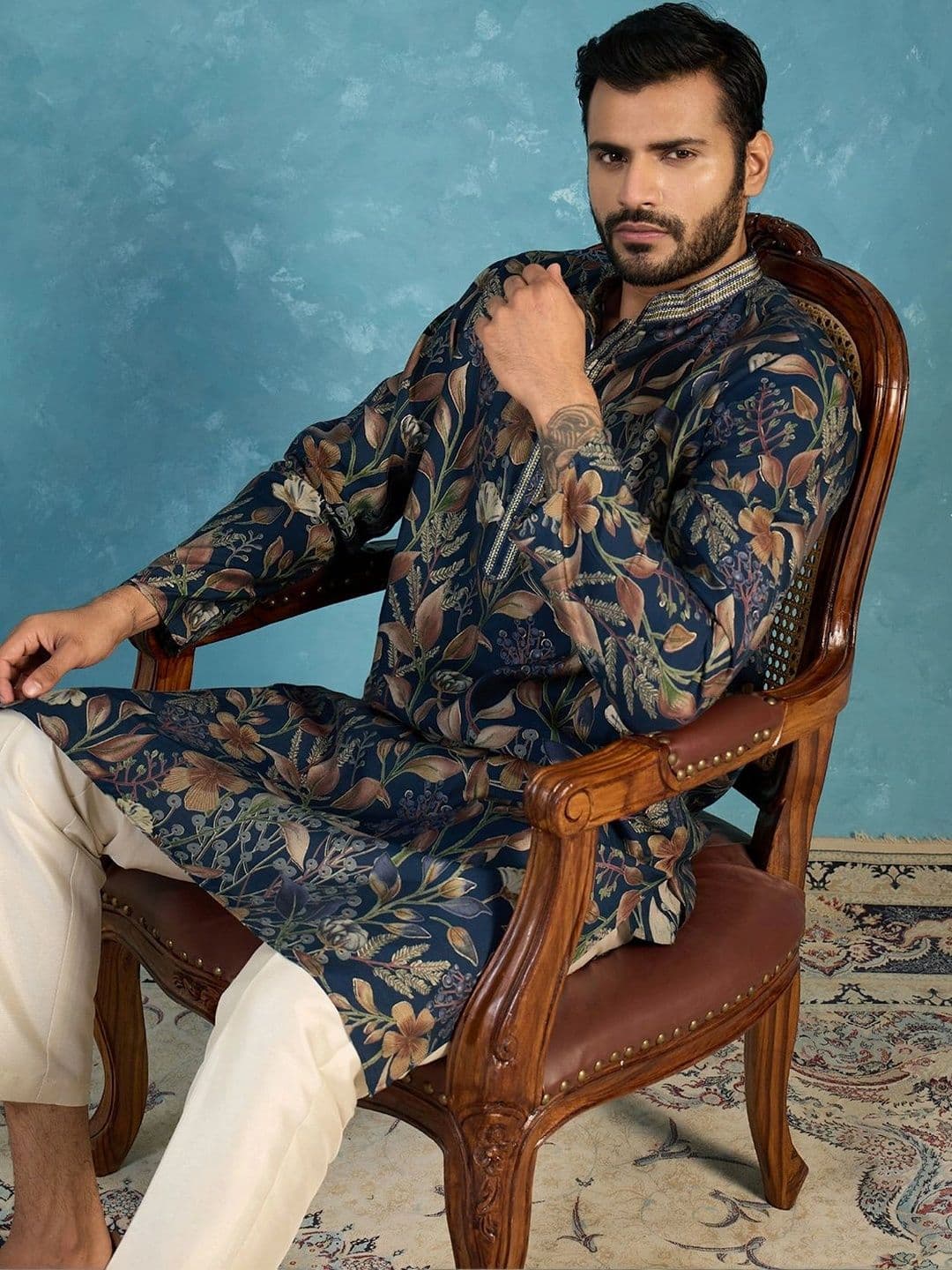 House of Pataudi Men Floral Printed Thread Work Floral Kurta thumbnail 6