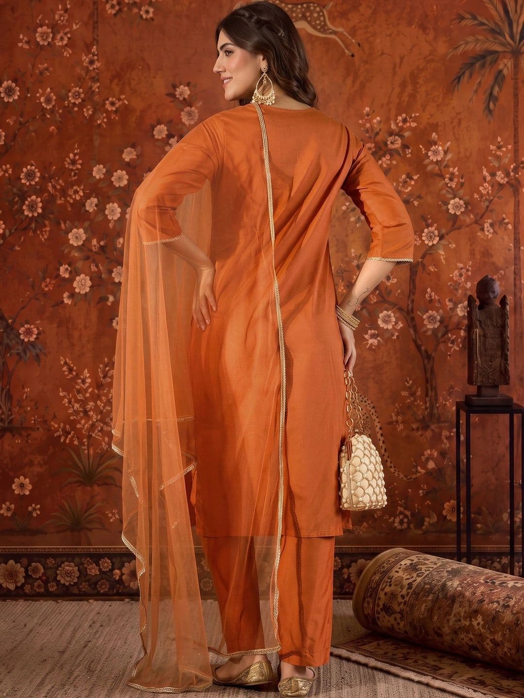 Sangria Embroidered Silk Blend V-Neck Kurta & Trousers With Dupatta thumbnail 7