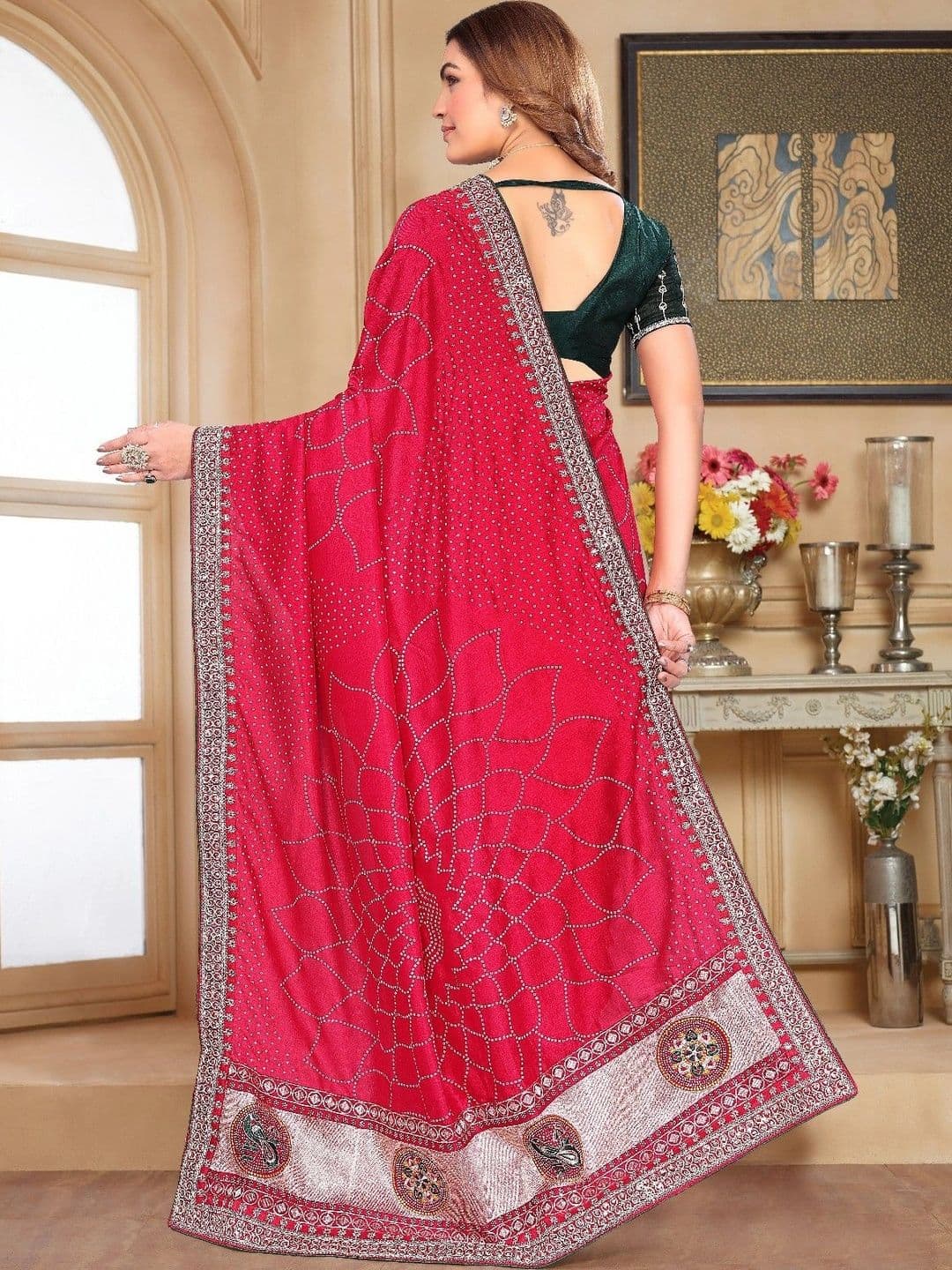 SmileyFashion Bandhani Embroidered Art Silk Designer Saree thumbnail 3