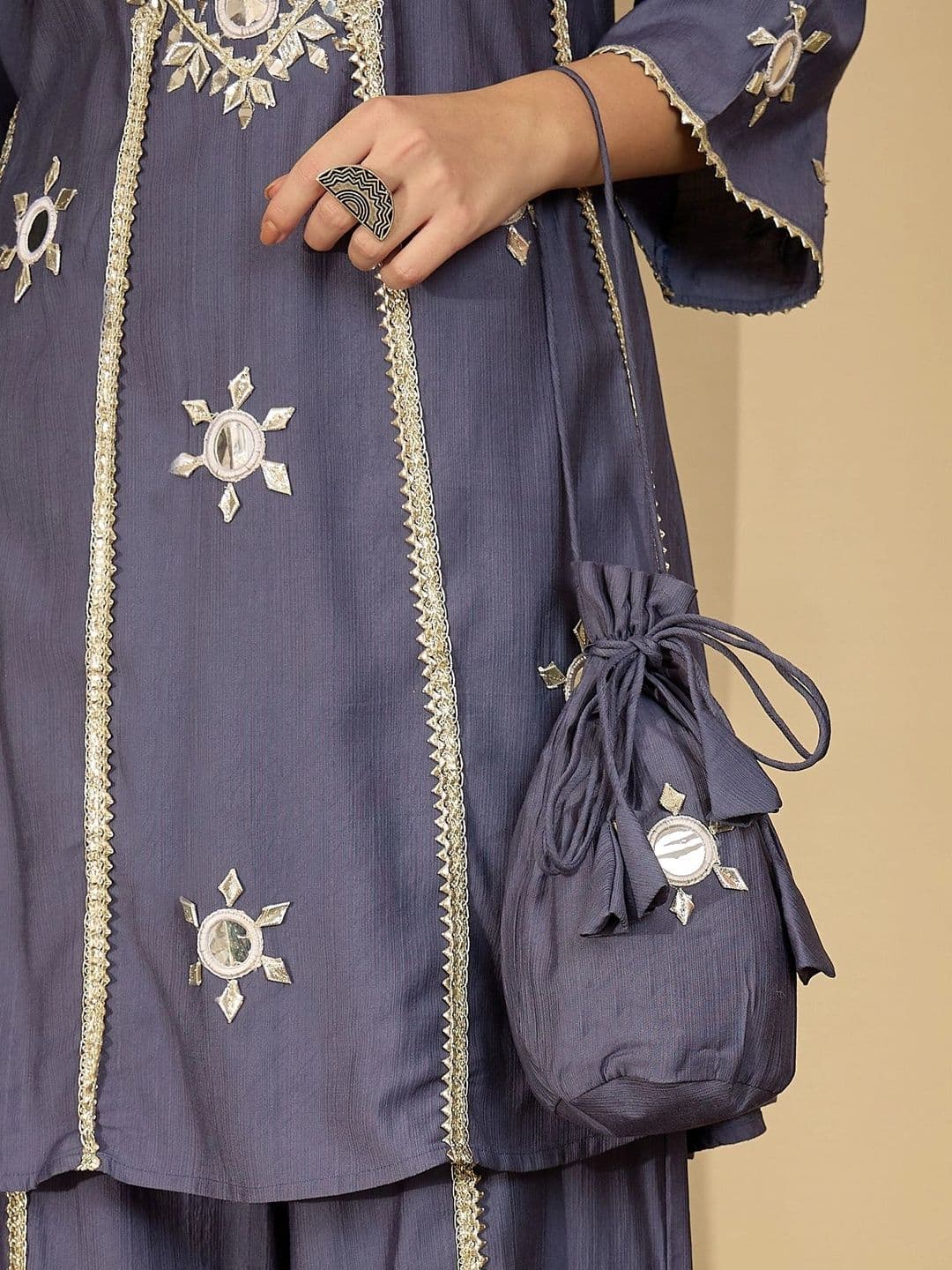 Sangria Women Ethnic Motifs Embroidered Regular Mirror Work Kurta with Palazzos thumbnail 7