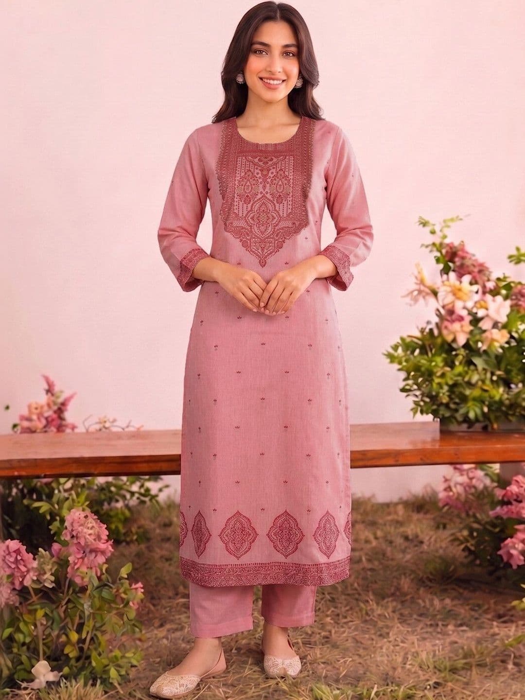 SKYLEE Women Ethnic Motifs Embroidered Regular Thread Work Pure Cotton Kurta with Trousers & With Dupatta thumbnail 6