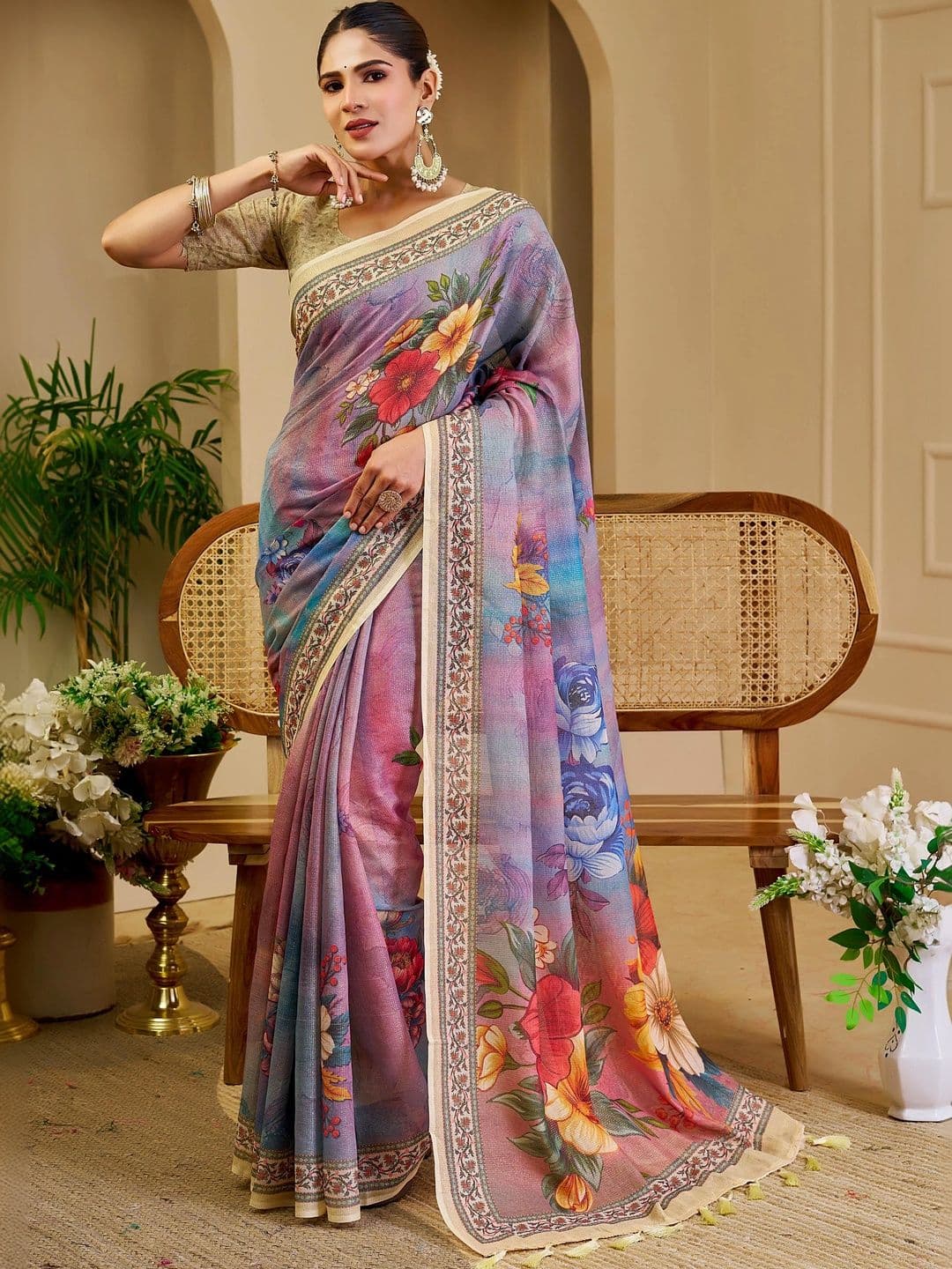 Maroosh Women Floral Silk Cotton Handloom Saree - view 1