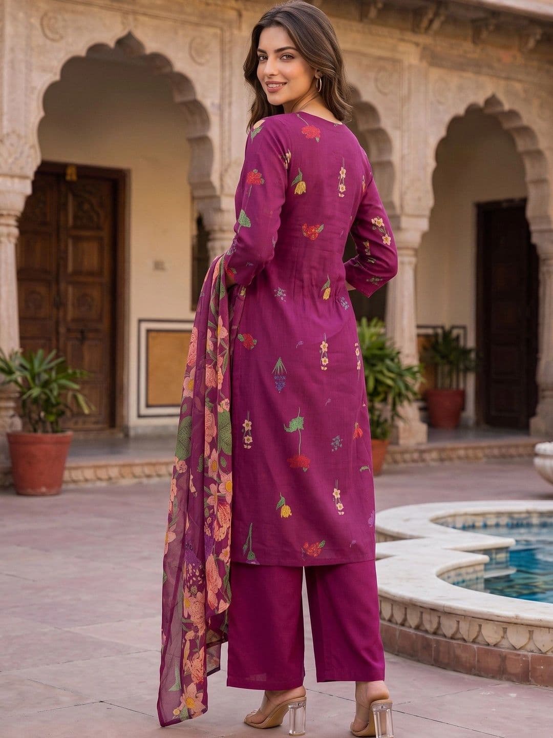 BANDIA Women Floral Printed Regular Thread Work Pure Cotton Kurta with Palazzos & With Dupatta thumbnail 3