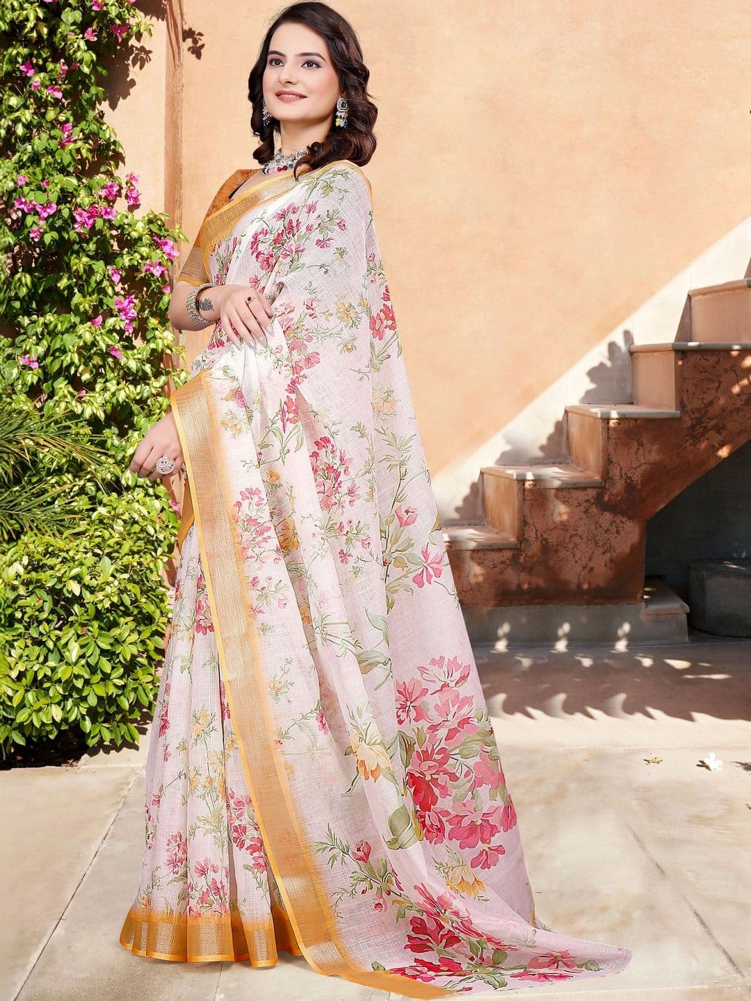 MANVAA Women Woven Design Printed Floral Saree thumbnail 2