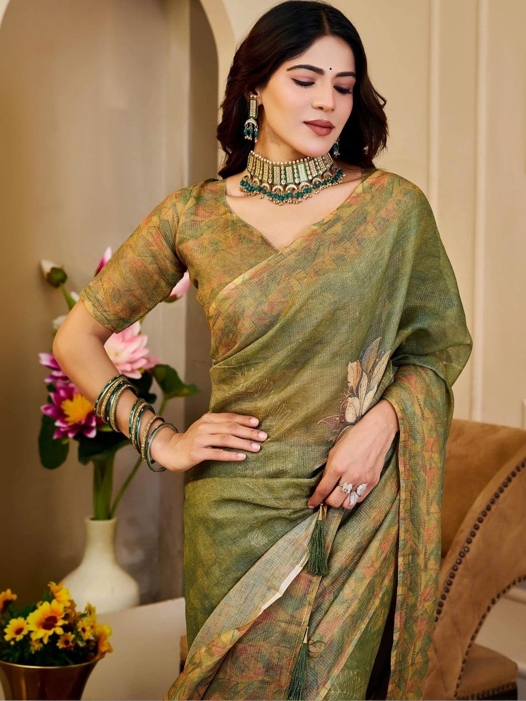 HERE&NOW Floral Silk Cotton Handloom Saree thumbnail 5