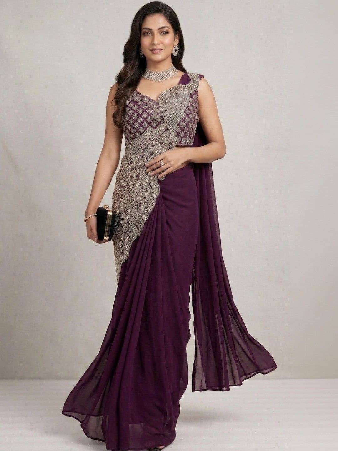 SmileyFashion Embellished Embroidered Pure Georgette Designer Saree thumbnail 5
