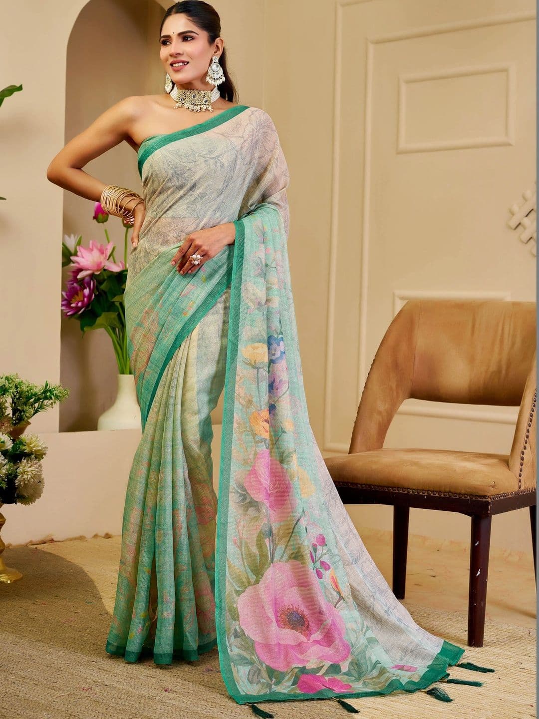 Maroosh Floral Silk Cotton Handloom Saree - view 1