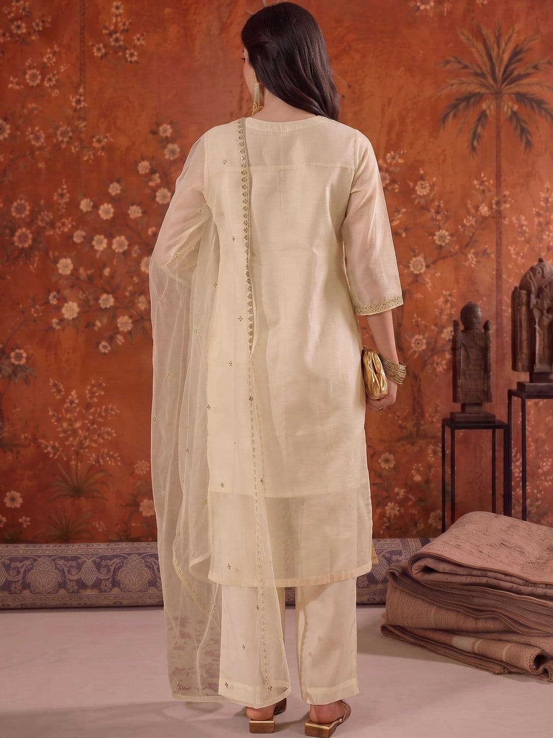 Sangria Embroidered V-Neck Kurta & Trousers With Dupatta thumbnail 5