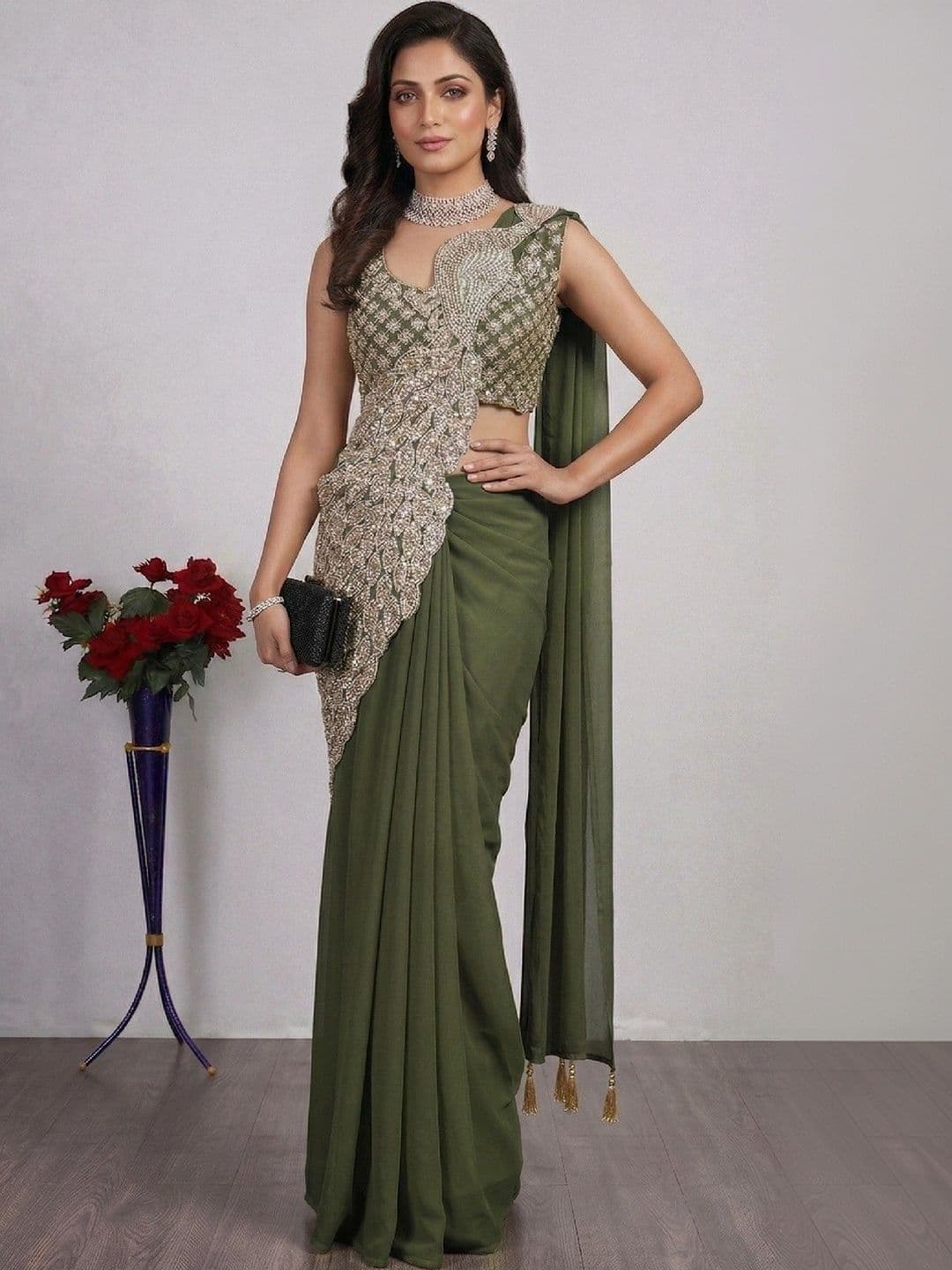 SmileyFashion Embellished Embroidered Pure Georgette Designer Saree - view 1