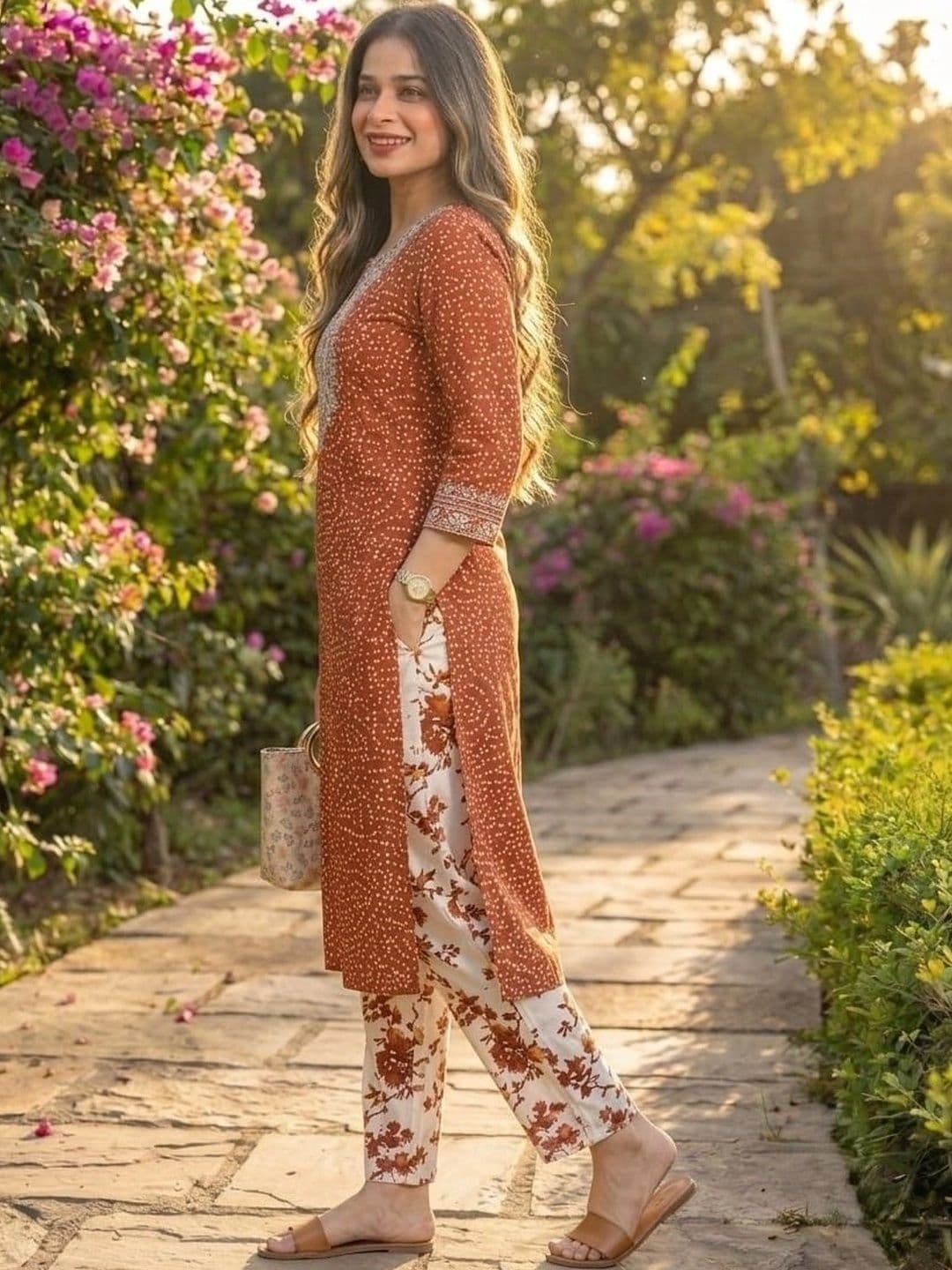 KALINI Women Ethnic Motifs Printed Regular Mirror Work Pure Cotton Kurta with Trousers thumbnail 2