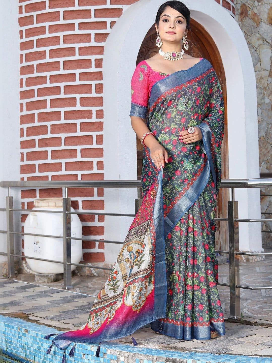 HERE&NOW Women Floral Silk Cotton Handloom Saree thumbnail 6