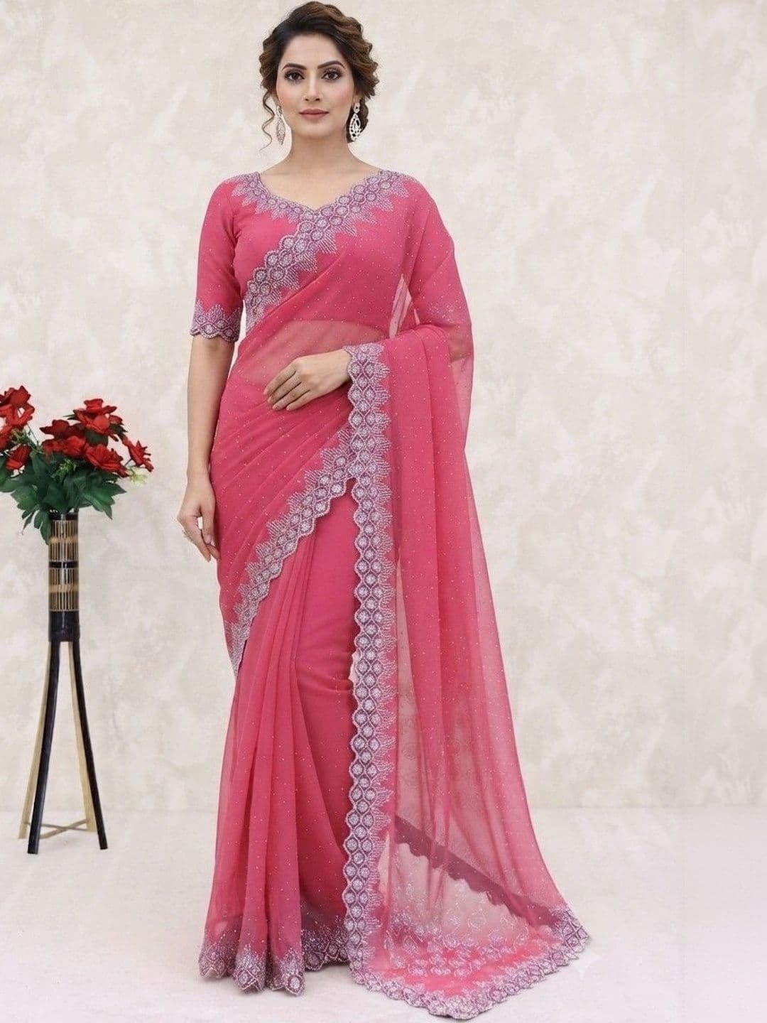 SmileyFashion Embroidered Pure Georgette Saree thumbnail 2