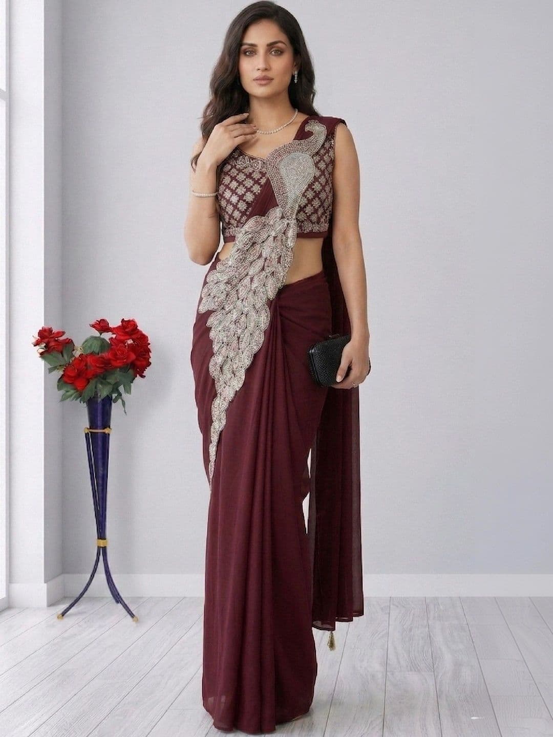 SmileyFashion Embellished Embroidered Pure Georgette Designer Saree - view 1