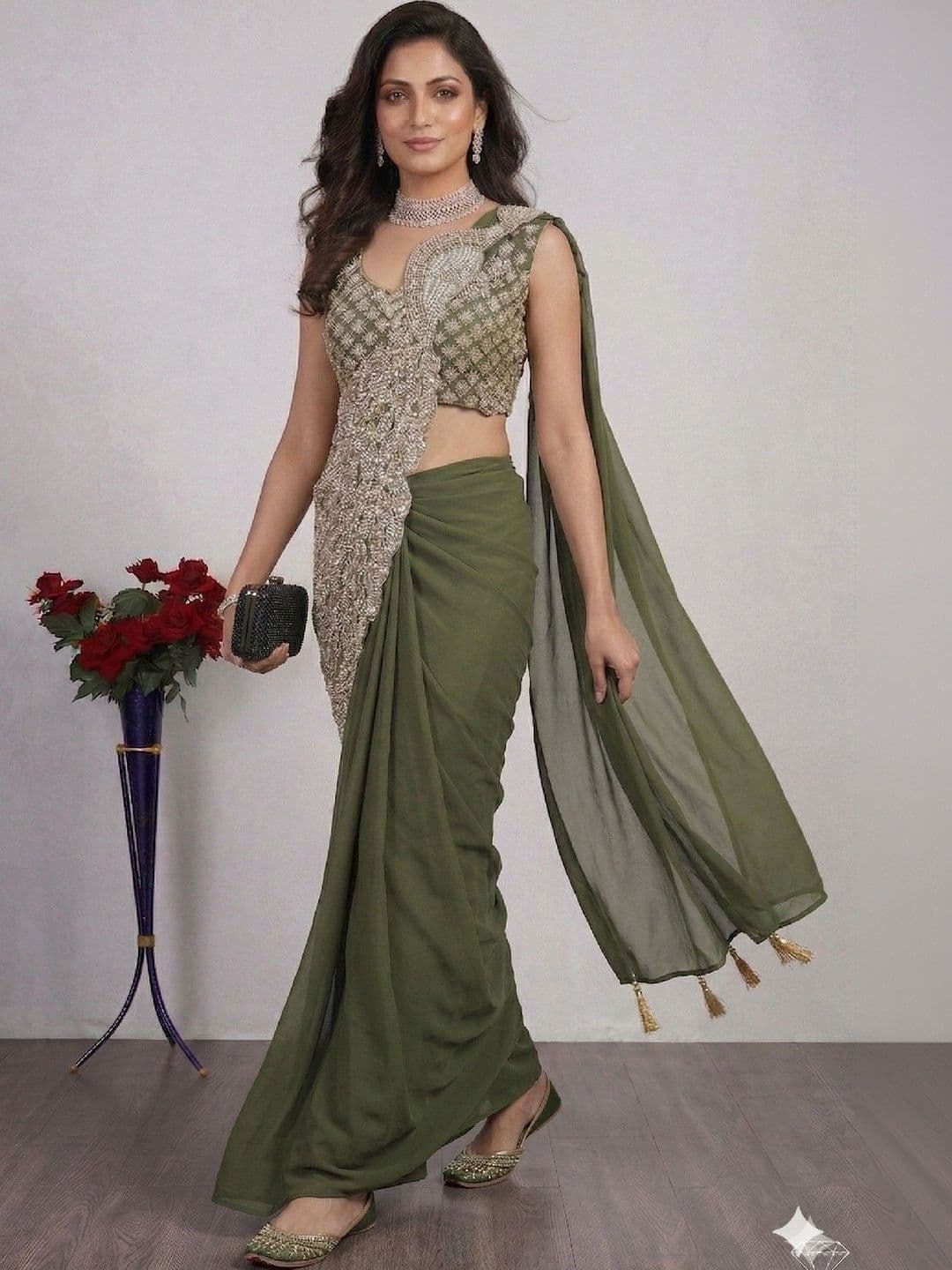 SmileyFashion Embellished Embroidered Pure Georgette Designer Saree thumbnail 5