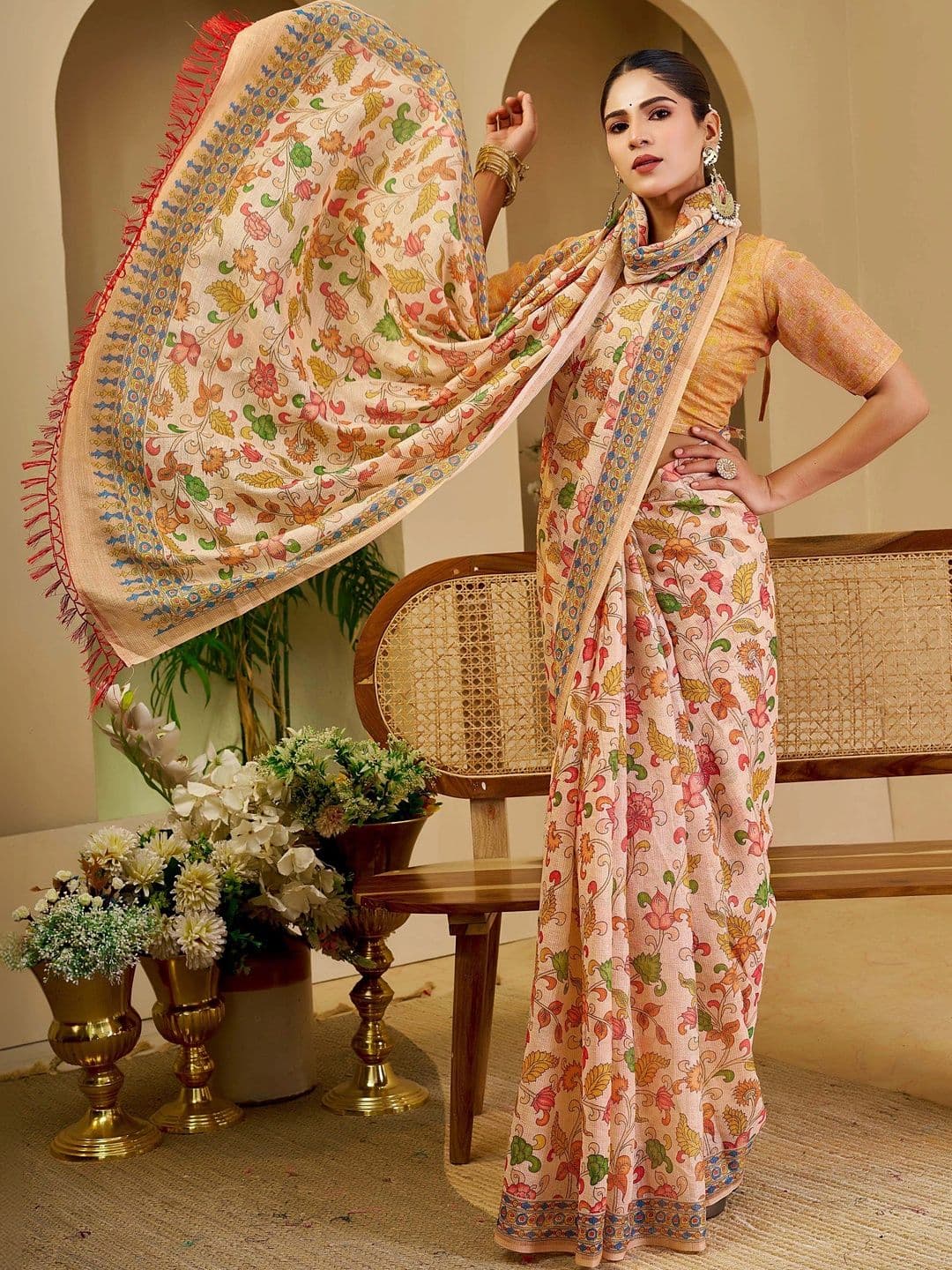 MANVAA Women  Kalamkari Silk Cotton Handloom Saree thumbnail 3