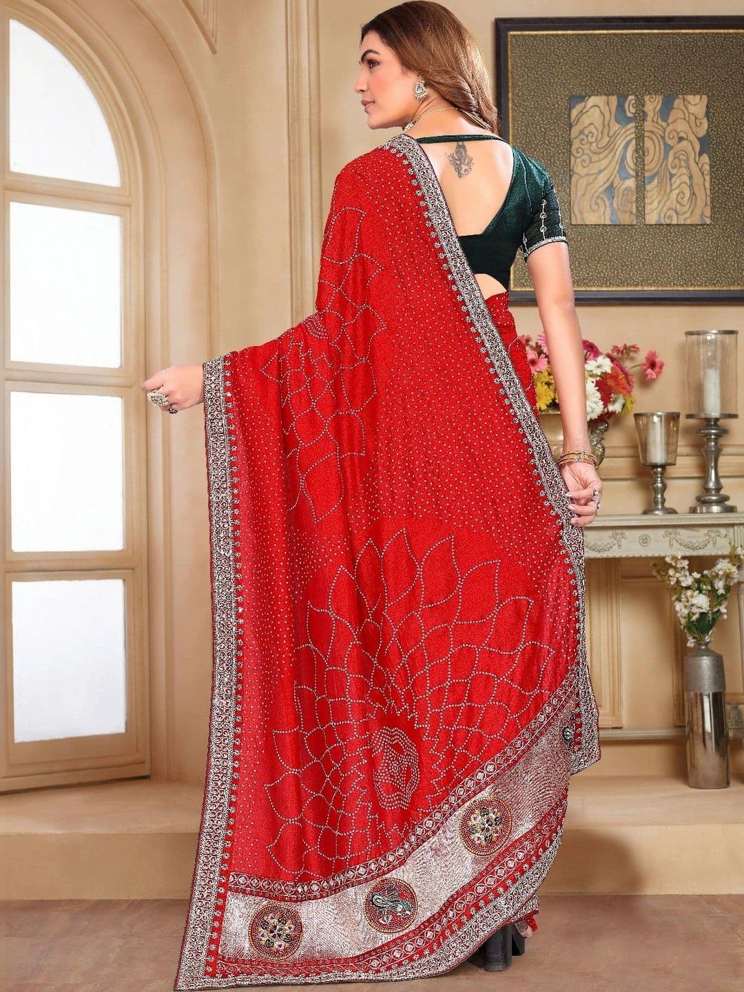 SmileyFashion Bandhani Embroidered Art Silk Designer Saree thumbnail 4