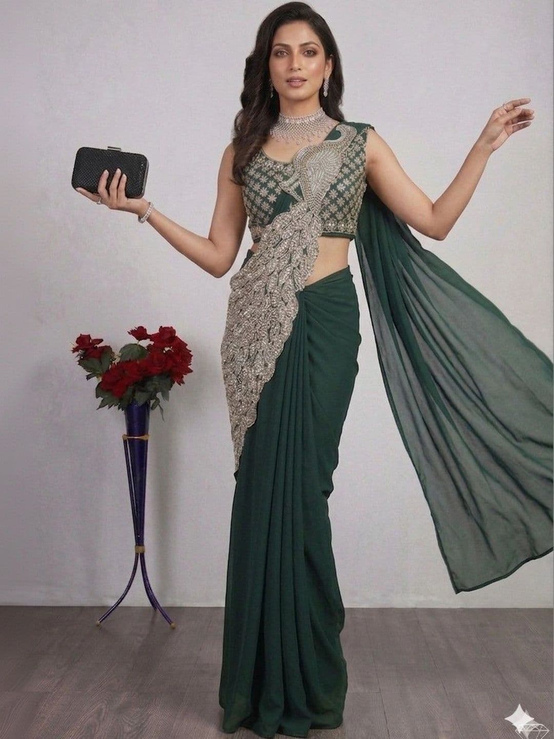 SmileyFashion Embellished Sequinned Pure Georgette Designer Saree thumbnail 5