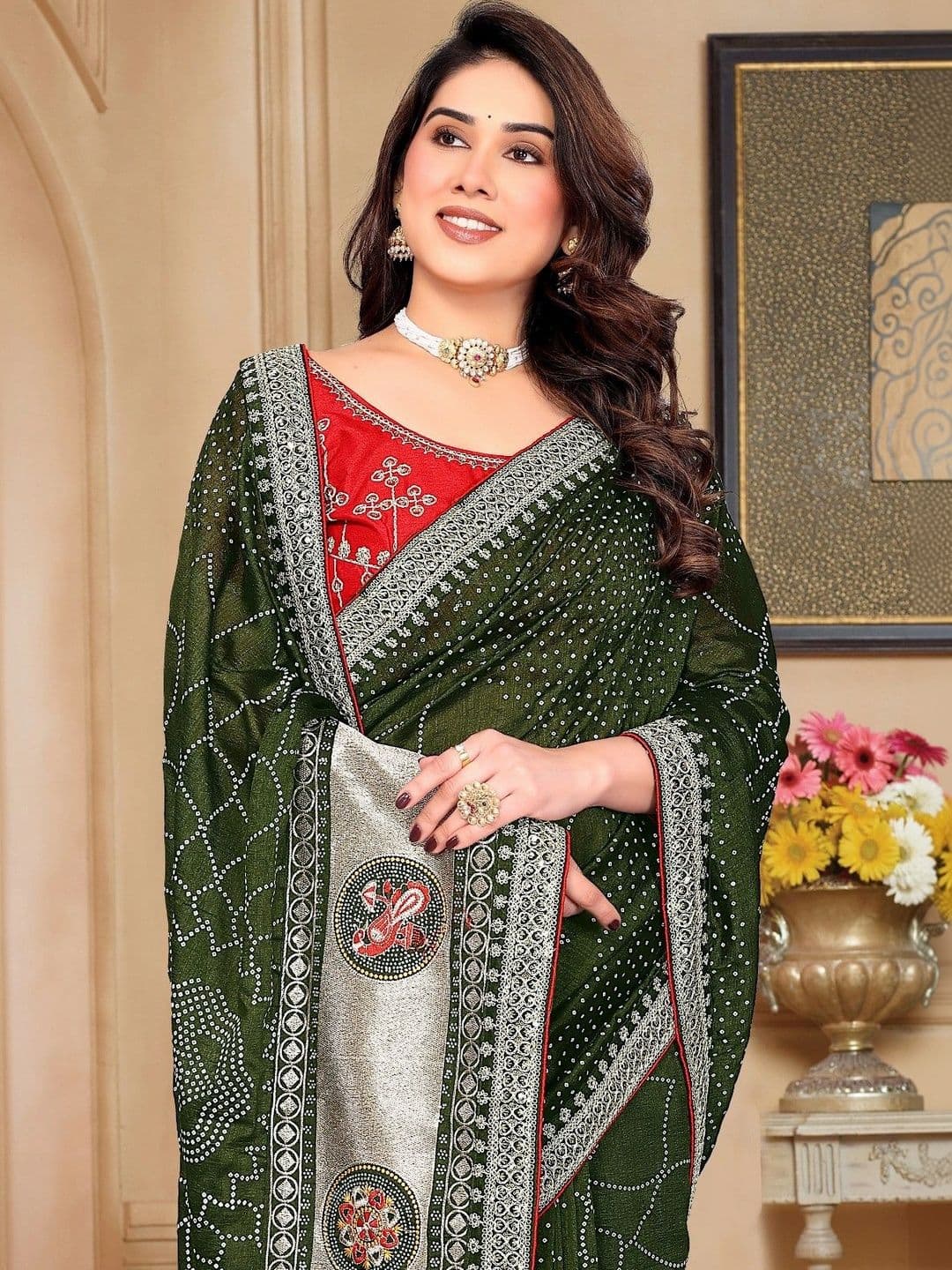 SmileyFashion Bandhani Embroidered Art Silk Designer Saree thumbnail 5