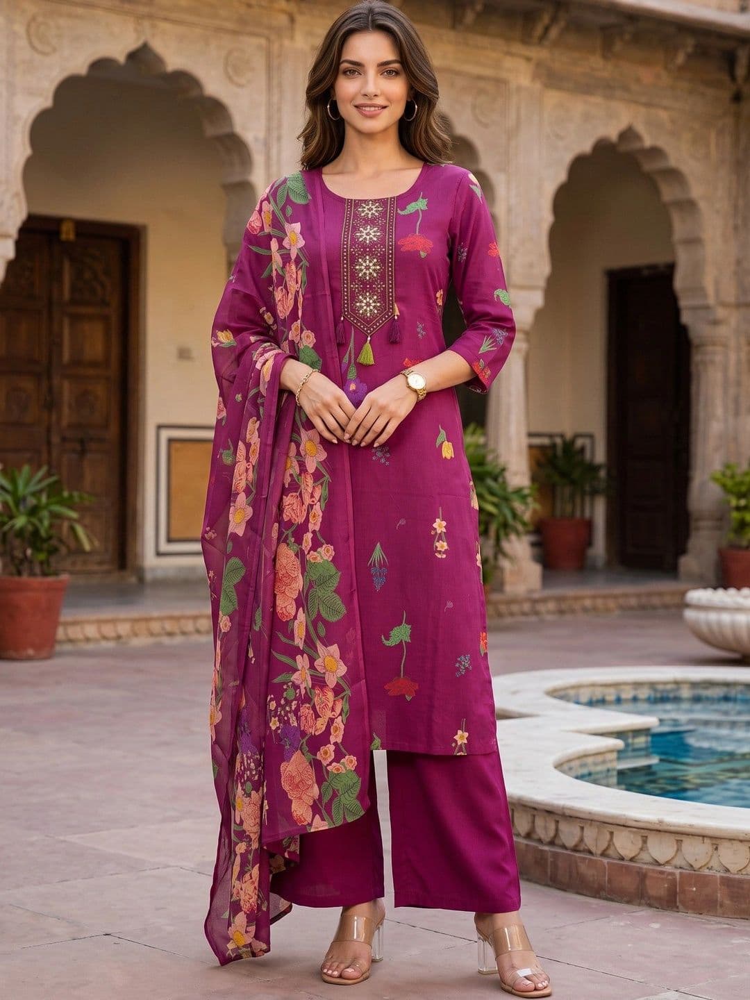 BANDIA Women Floral Printed Regular Thread Work Pure Cotton Kurta with Palazzos & With Dupatta - view 1