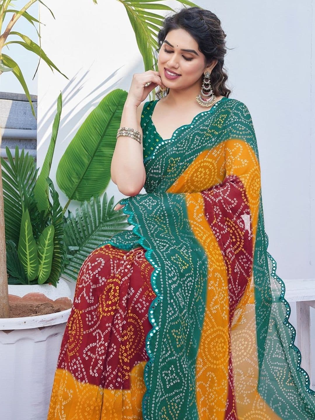 Subham Bandhani Mirror Work Poly Georgette Bandhani Saree thumbnail 5