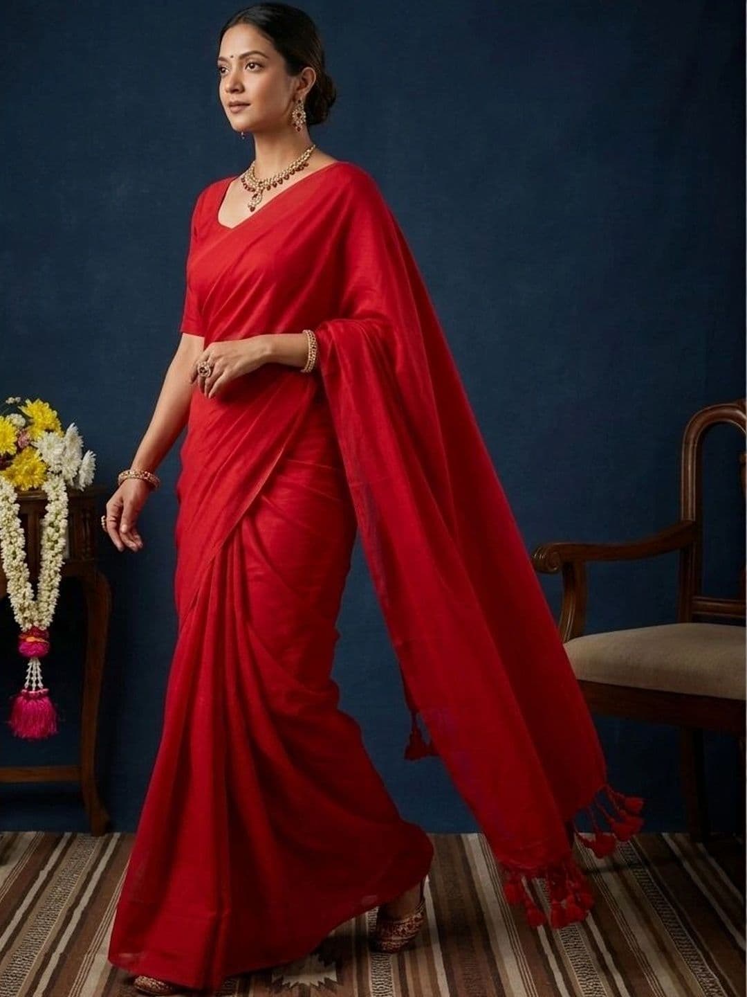 ADUKIAZ Women Pure Cotton Red Saree with Tassels thumbnail 7