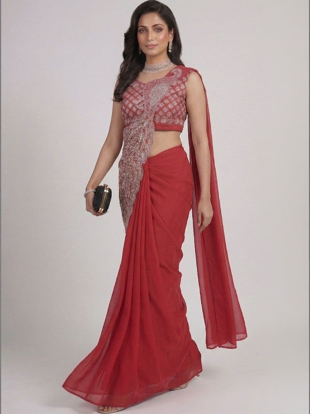 SmileyFashion Embellished Embroidered Pure Georgette Designer Saree thumbnail 2