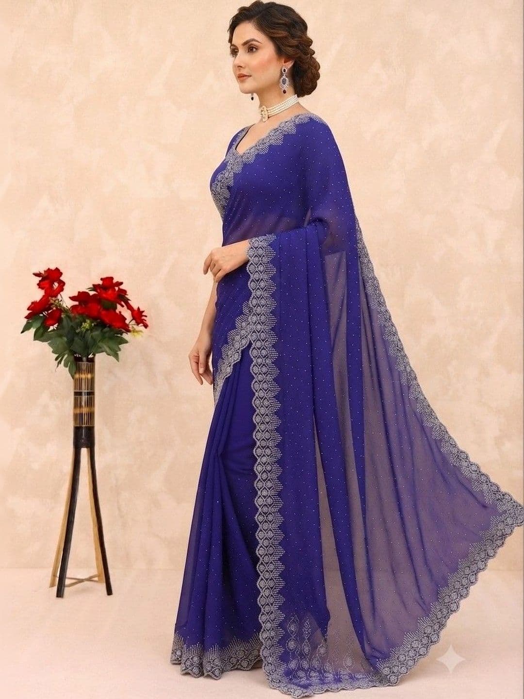 SmileyFashion Embroidered Pure Georgette Saree thumbnail 5