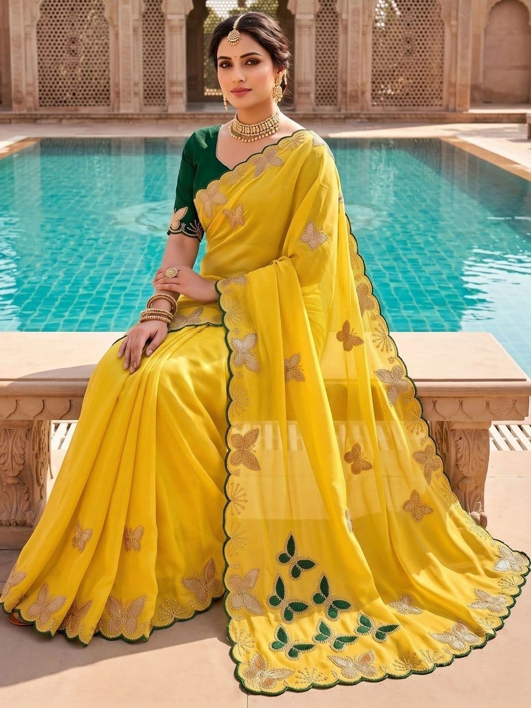 Drapes & Threads Co. Ethnic Motifs Embroidered Pure Georgette Designer Saree thumbnail 2