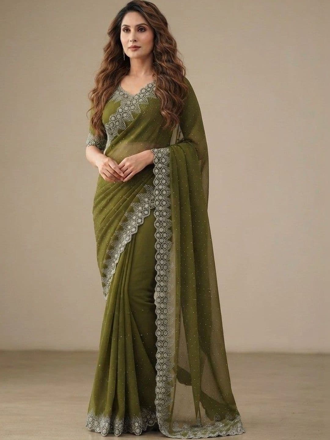 SmileyFashion Embellished Pure Georgette Saree - view 1