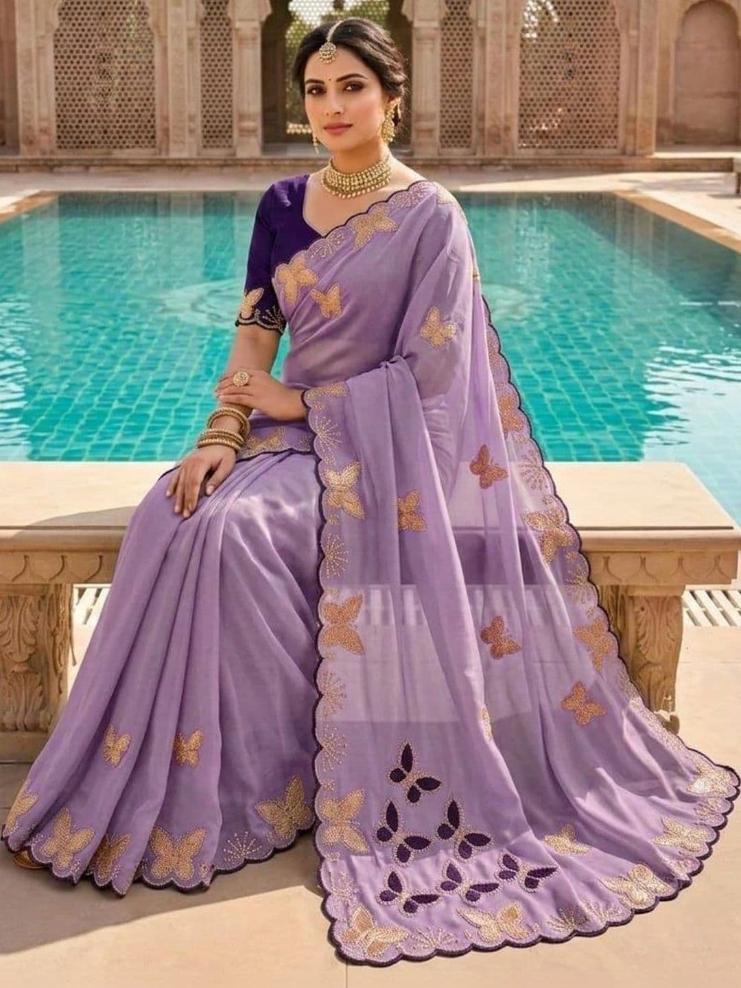 Drapes & Threads Co. Ethnic Motifs Embroidered Pure Georgette Designer Saree thumbnail 3