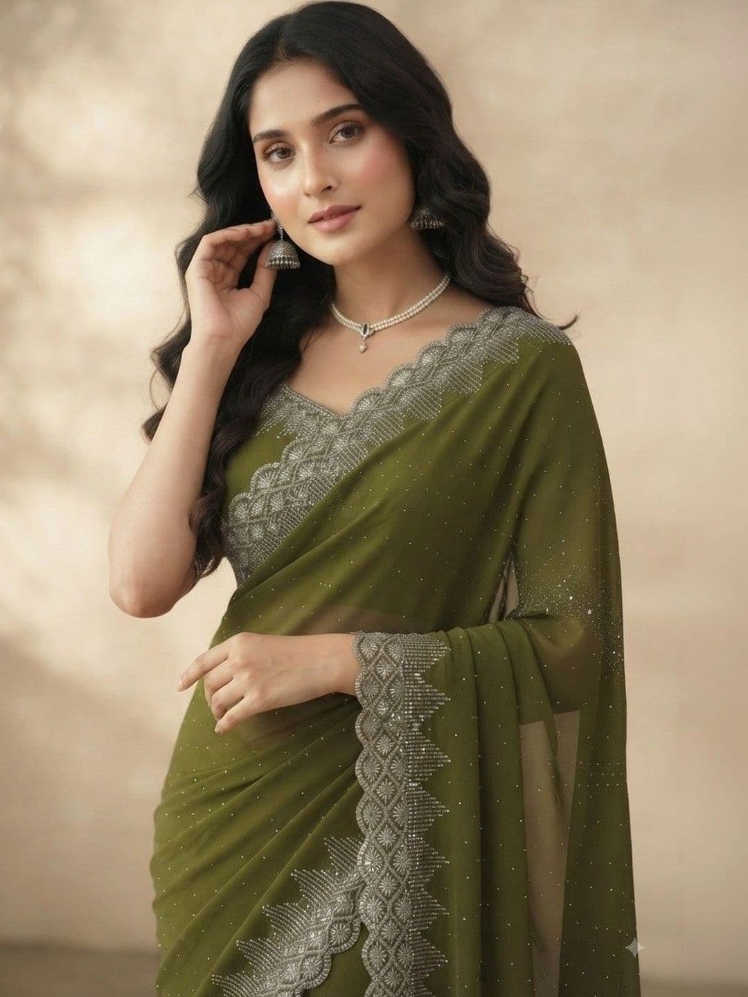 SmileyFashion Beads and Stones Pure Georgette Saree thumbnail 3