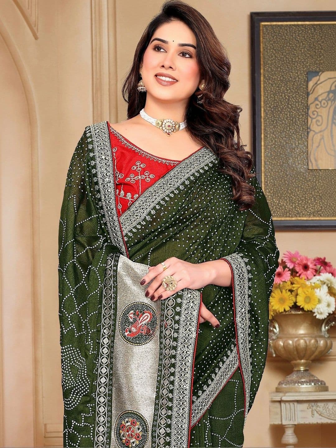 SmileyFashion Bandhani Embroidered Art Silk Designer Saree thumbnail 3
