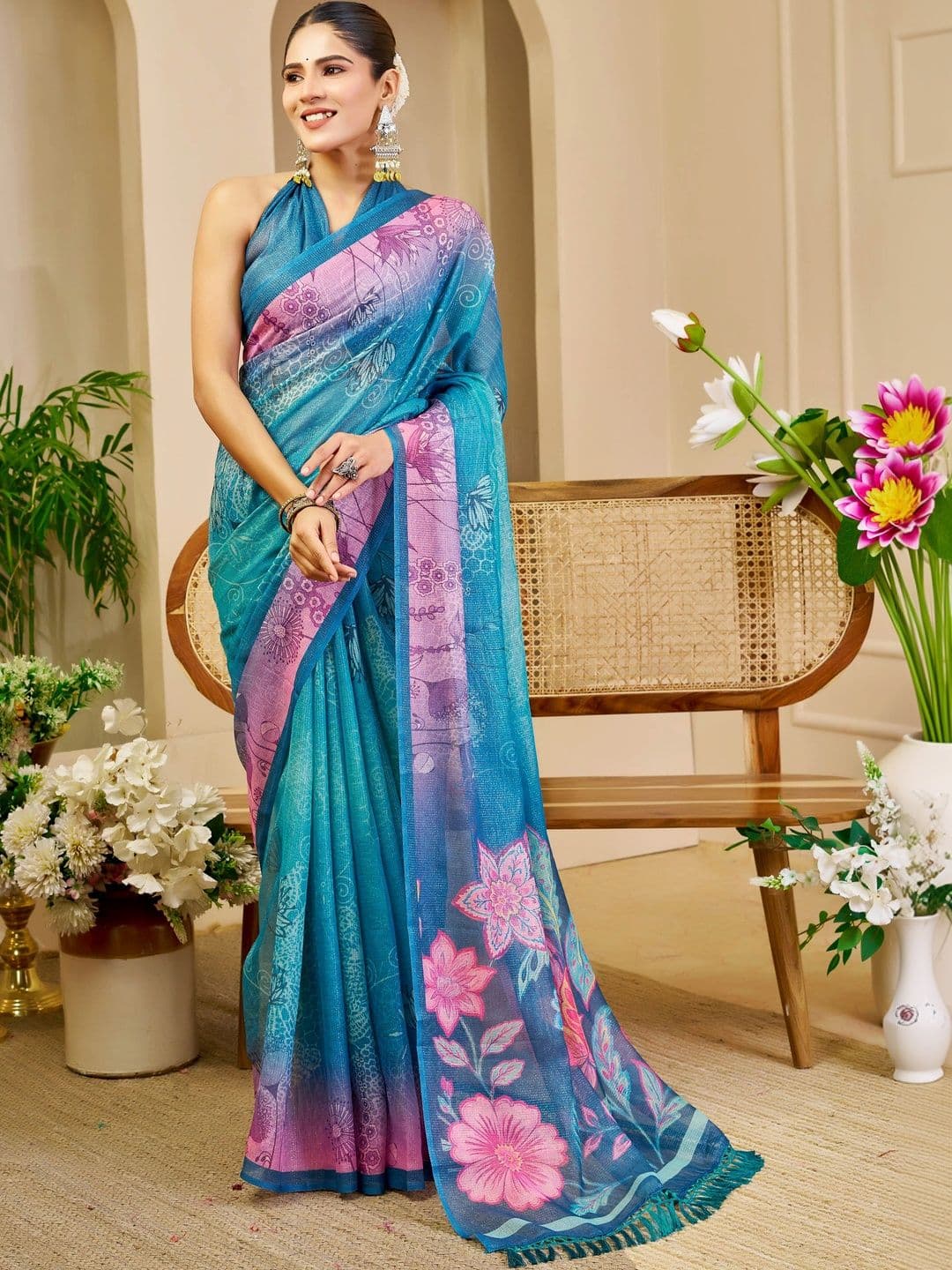 MANVAA Women Floral Printed Silk Cotton Handloom Saree with Tassels - view 1