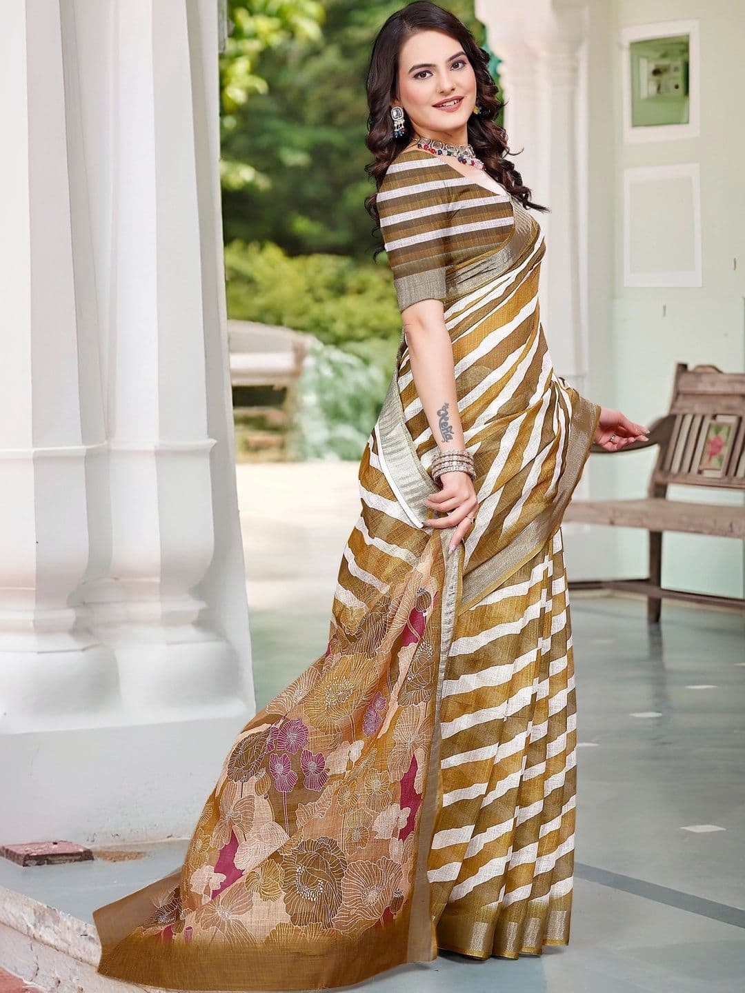 MANVAA Women's Gold Brown Cotton Linen Saree thumbnail 4