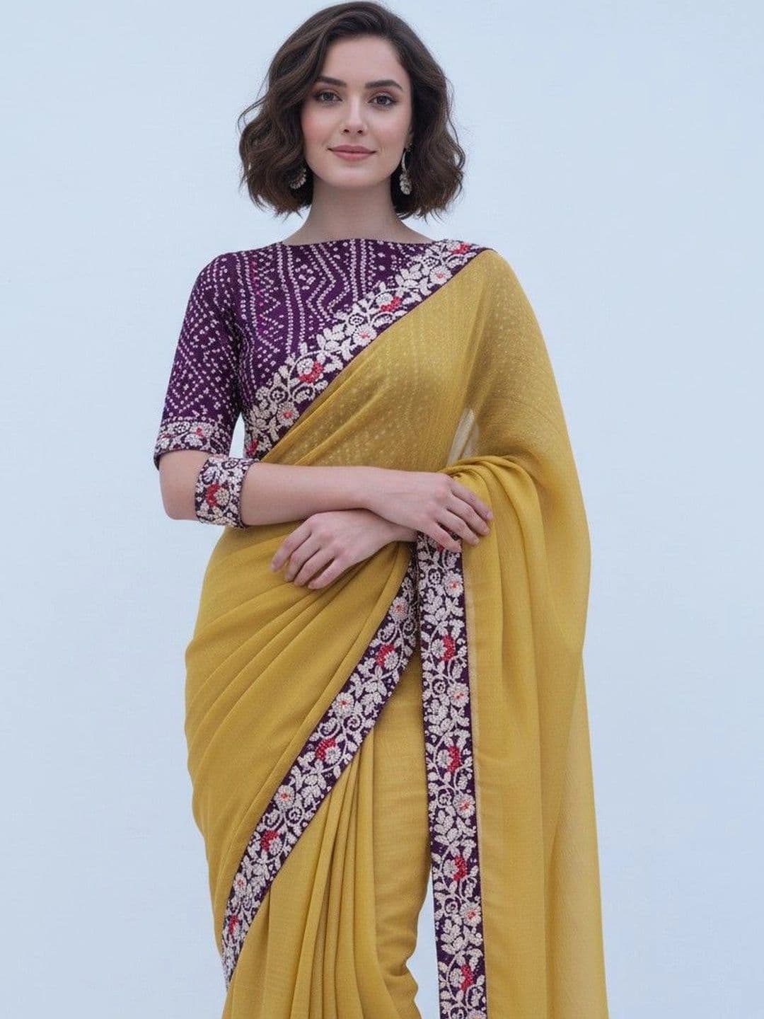 SmileyFashion Floral Embroidered Poly Chiffon Designer Saree thumbnail 4