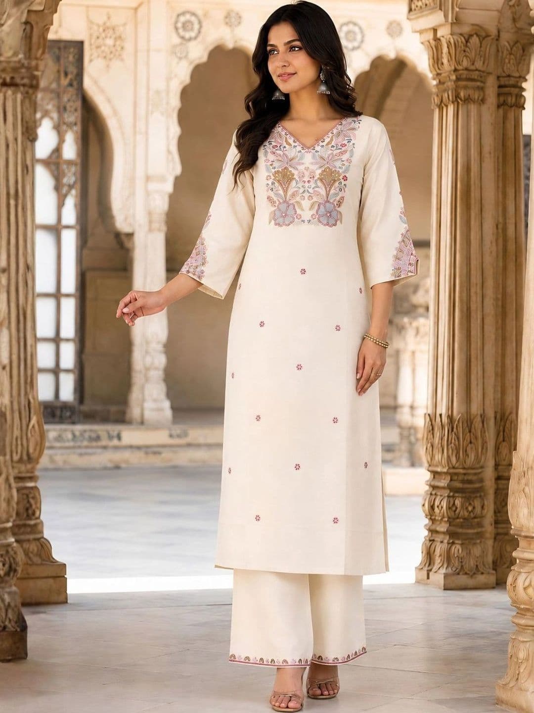 HERE&NOW X fwd Women Ethnic Regular Thread Work Pure Silk Kurta with Palazzos & With - view 1
