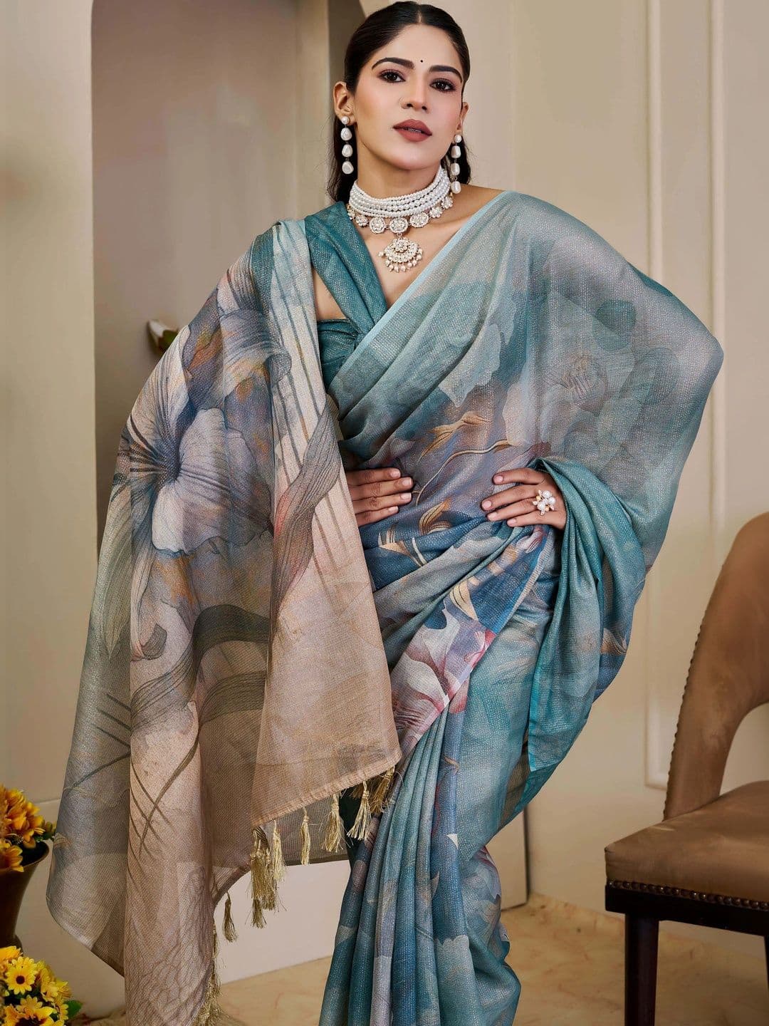 HERE&NOW Women  Floral Silk Cotton Handloom Saree thumbnail 6