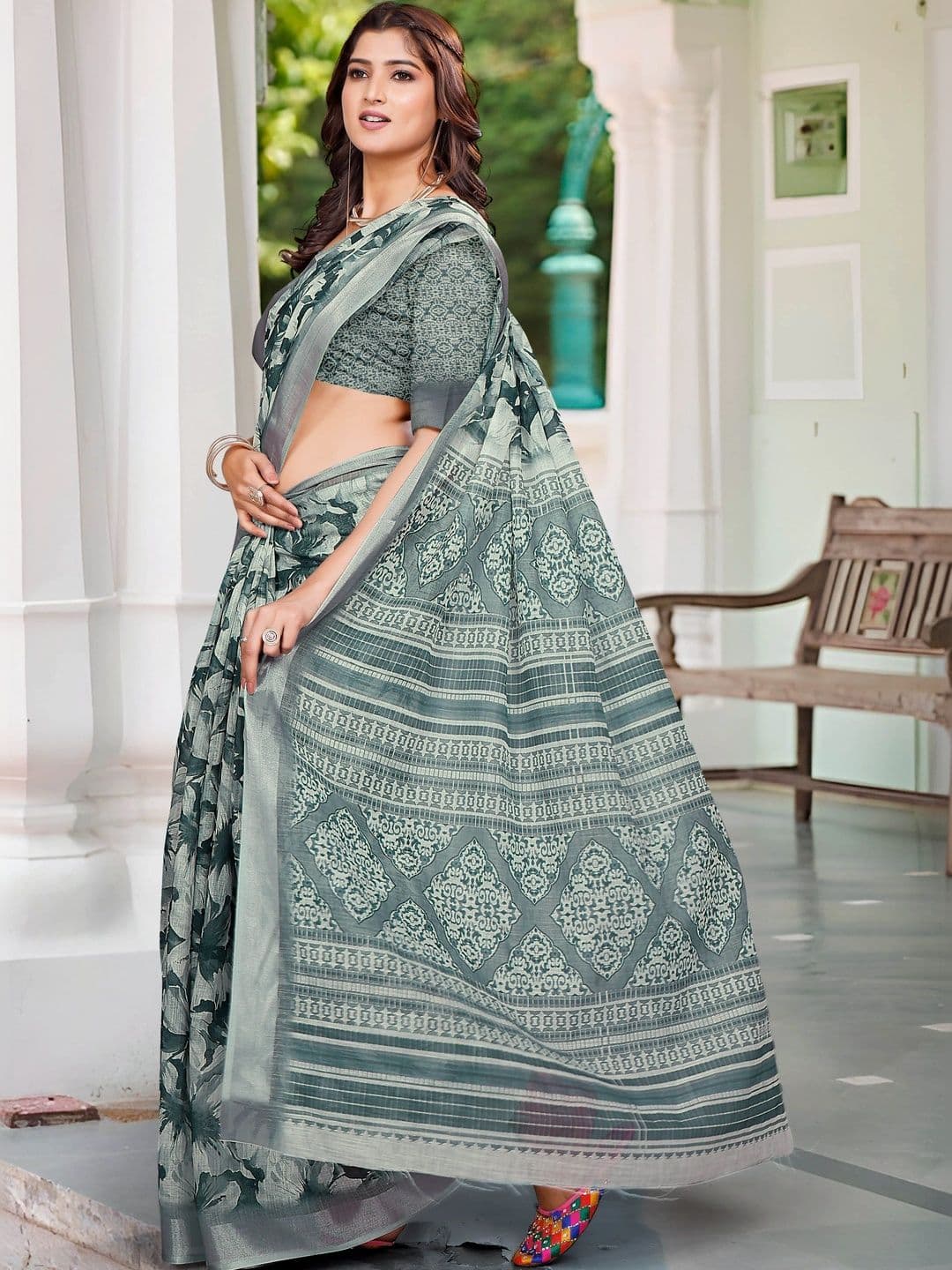 MANVAA Women Floral Cotton Linen Saree thumbnail 2