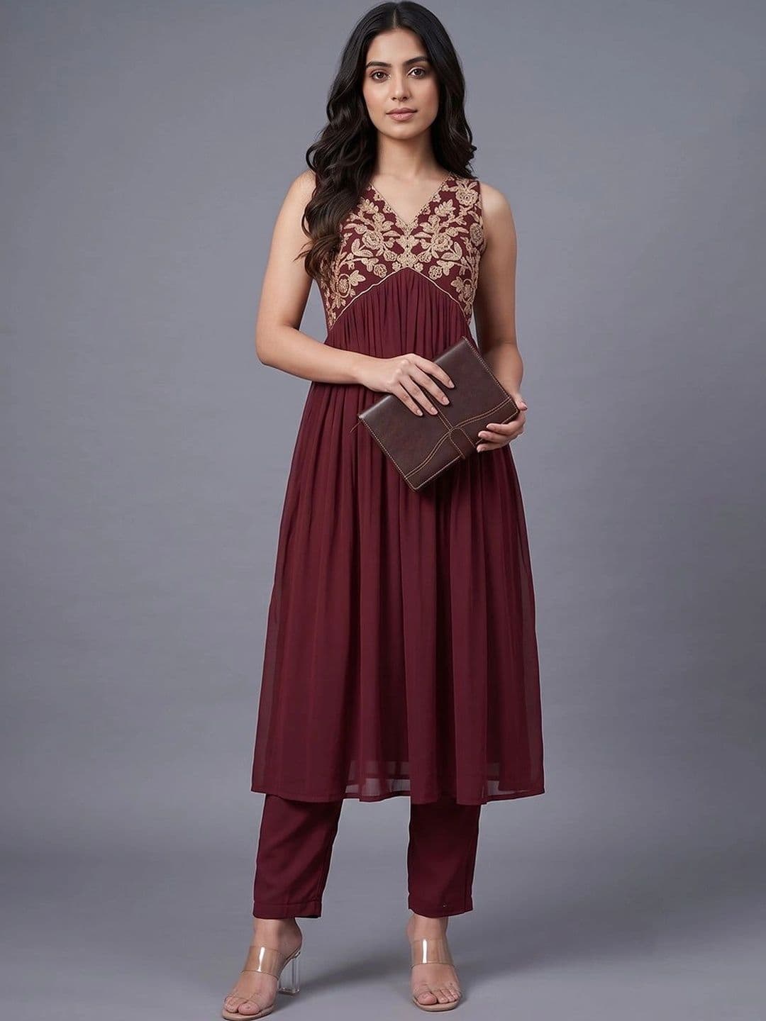 Navibhu Women Ethnic Motifs Embroidered Empire Thread Work Kurta with Trousers - view 1