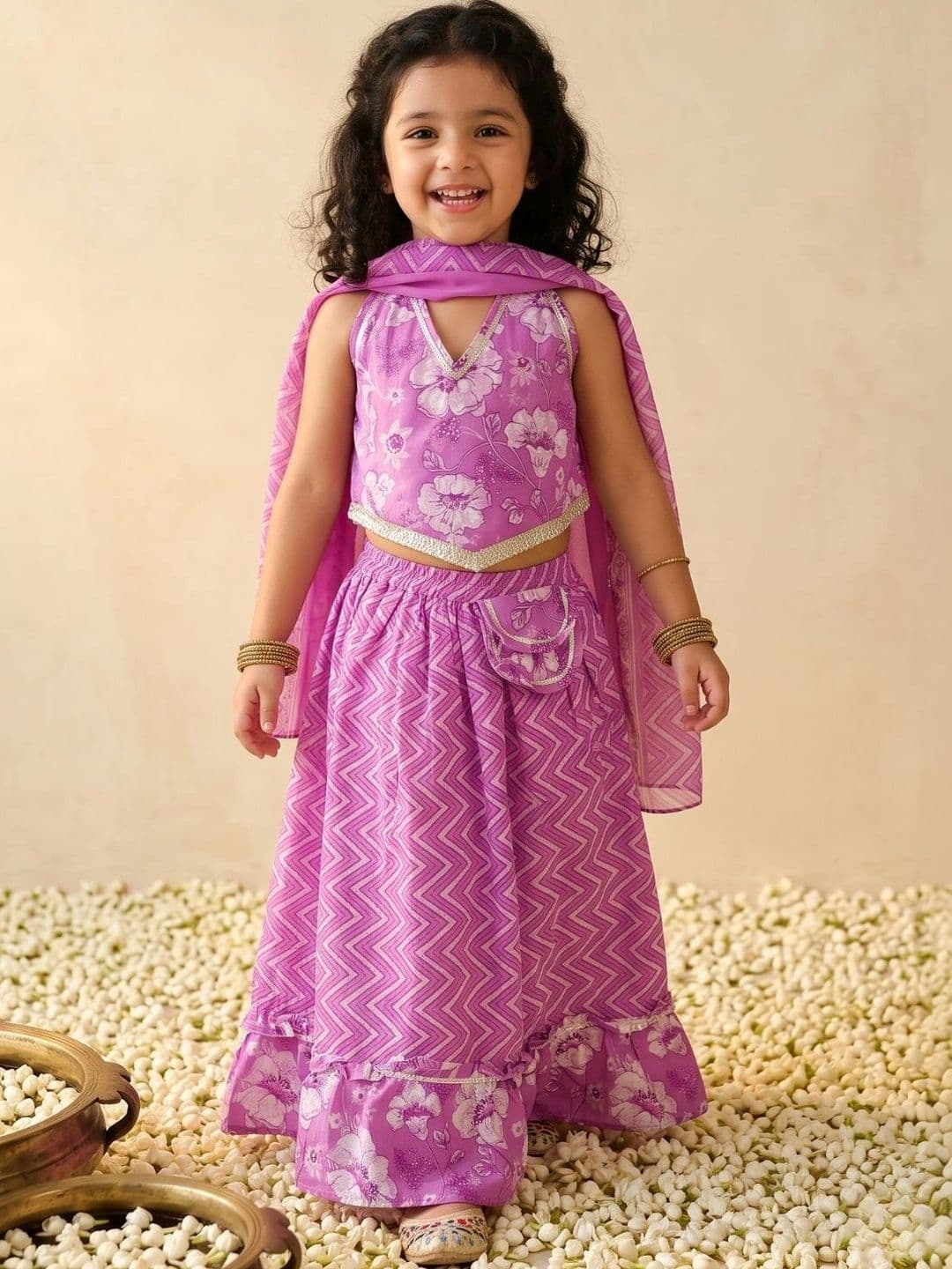 Aj DEZInES Girls Printed Ready to Wear Lehenga & Blouse With Dupatta - view 1