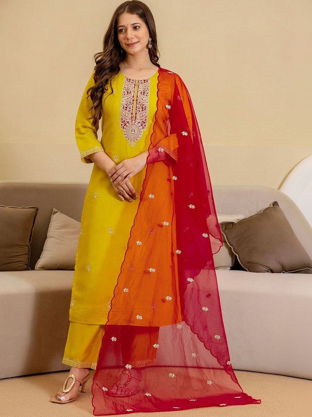 SKYLEE Women Ethnic Embroidered Regular Sequinned Kurta with Trousers & With Dupatta - view 1