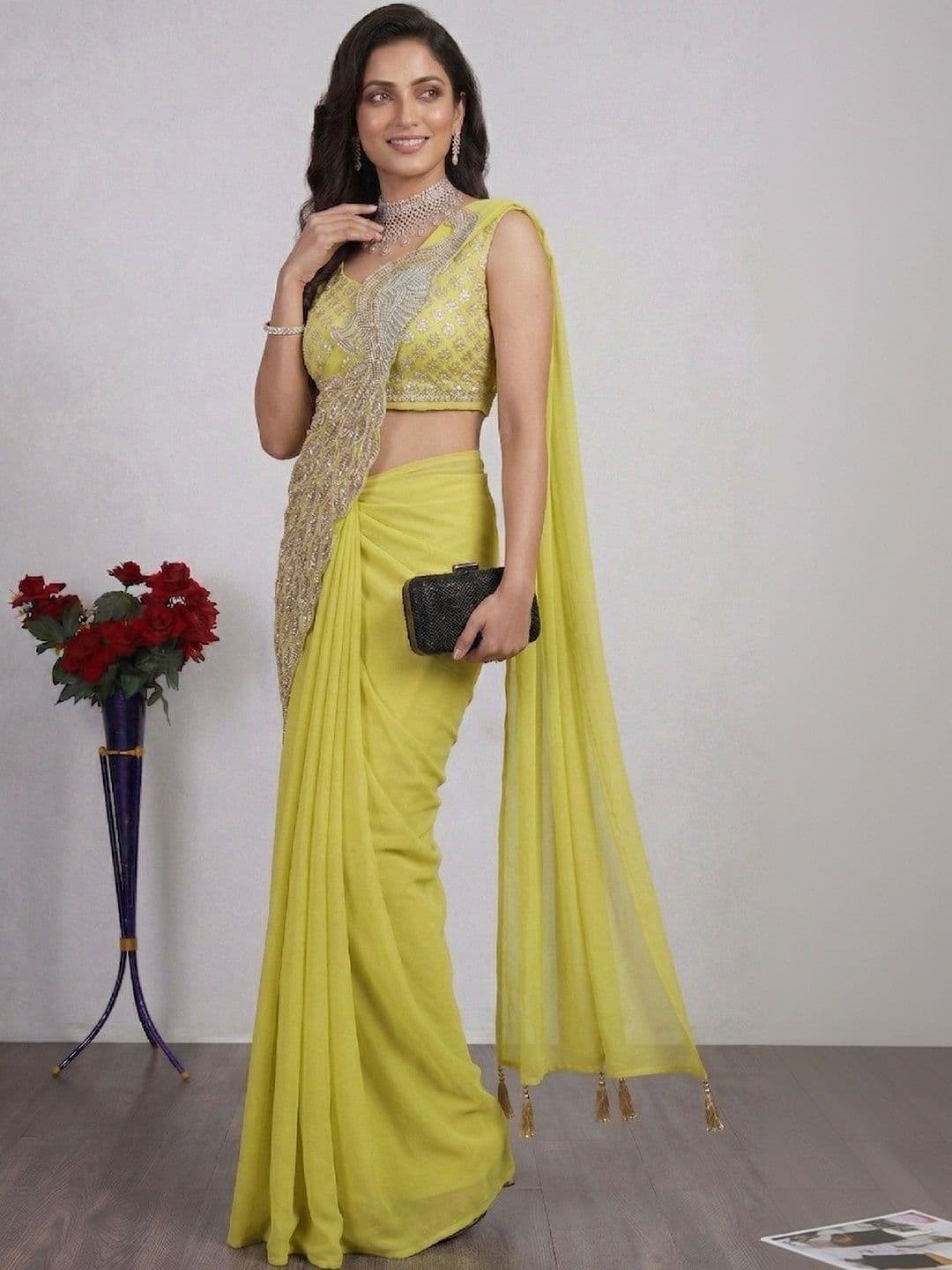 SmileyFashion Embellished Embroidered Pure Georgette Designer Saree thumbnail 4