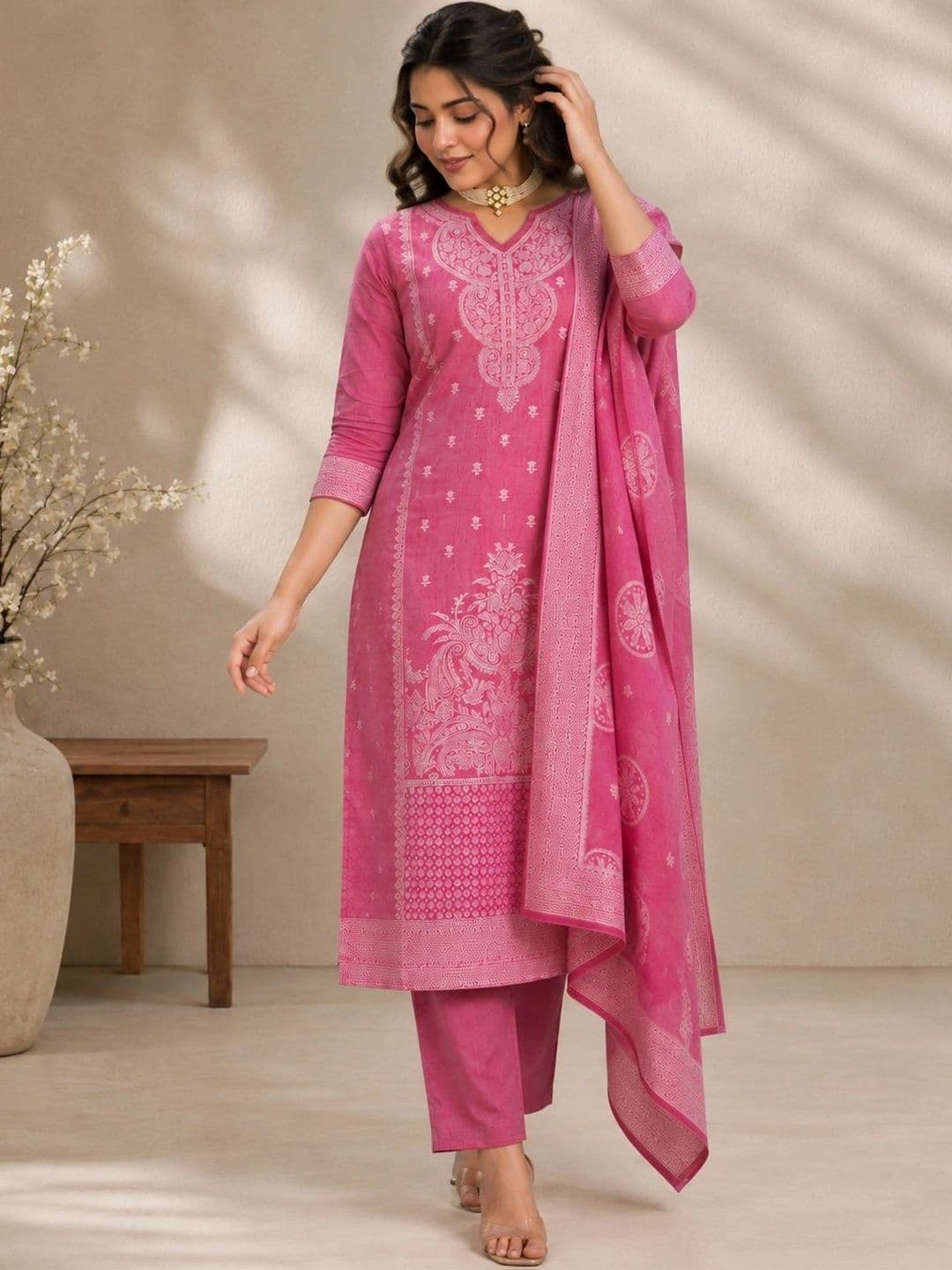 SAIYAMORI Women Ethnic Motifs Regular Pure Cotton Kurta with Trousers & With Dupatta thumbnail 7