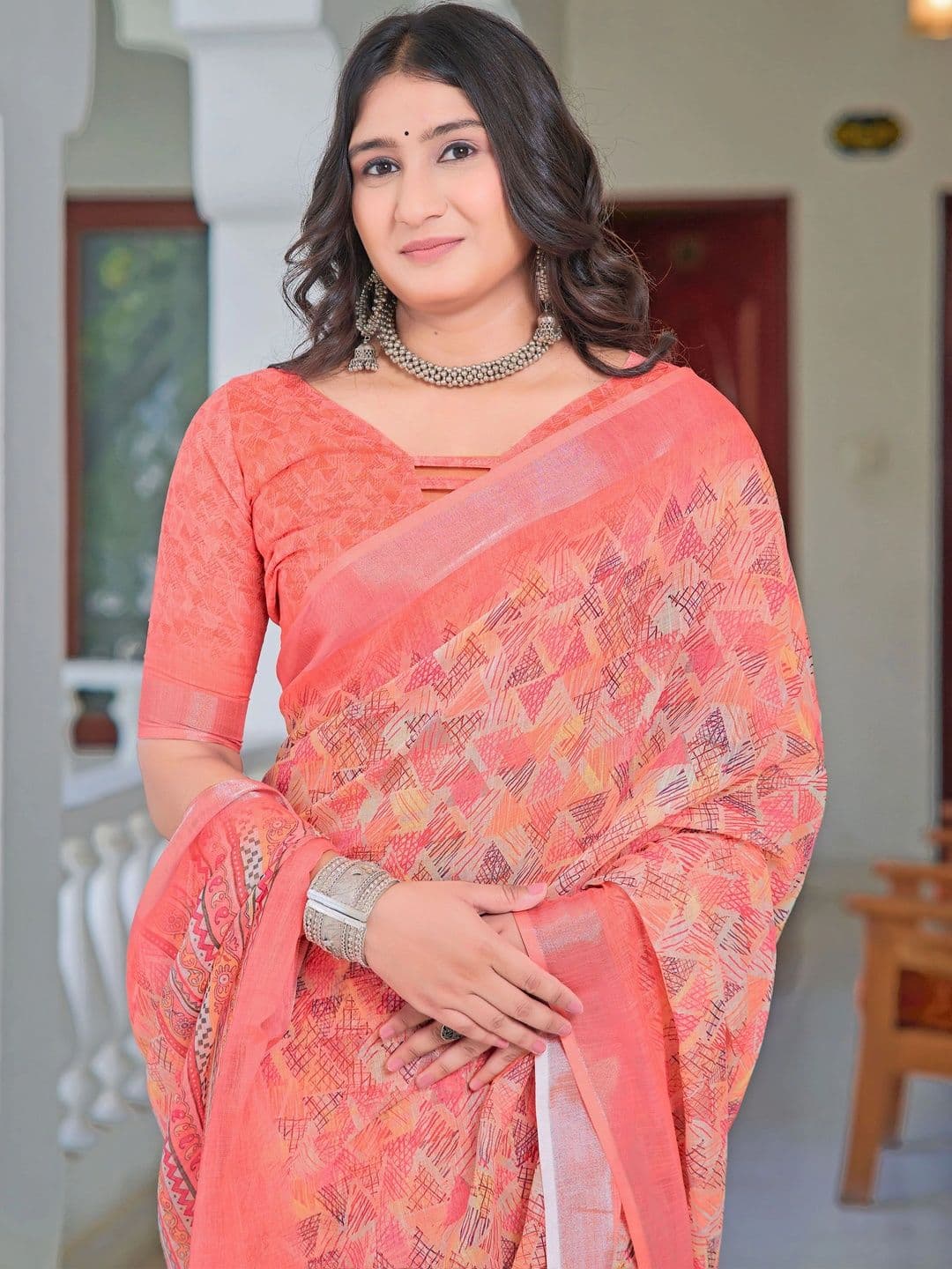HERE&NOW Women Peach Multicolor Cotton Linen Saree thumbnail 5