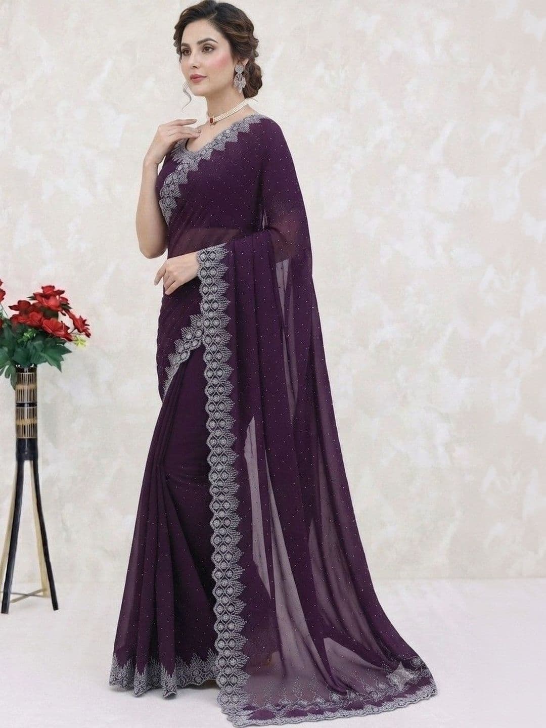 SmileyFashion Embellished Pure Georgette Saree - view 1